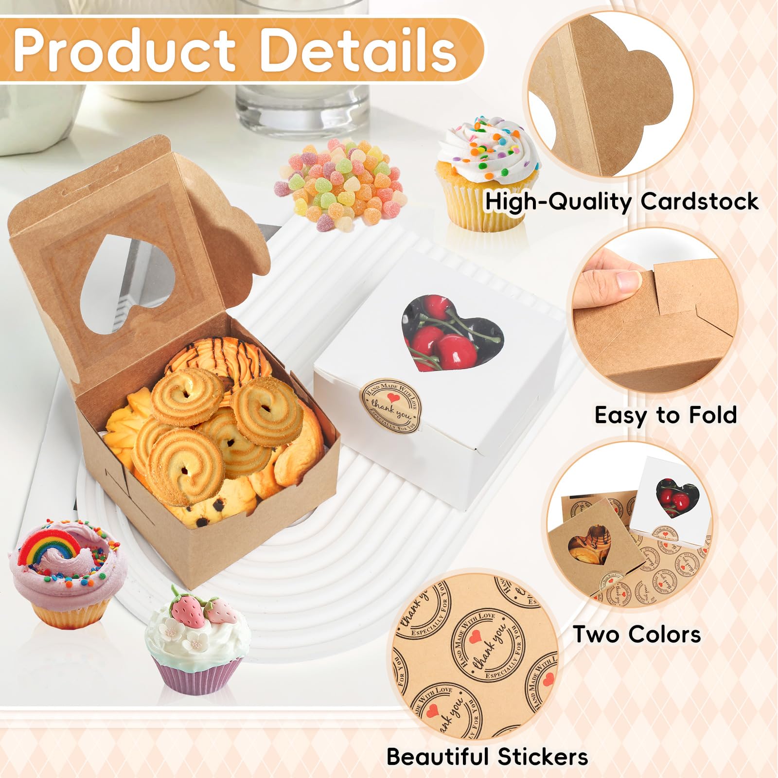 TAIXING 20 Pcs Individual Cupcake Boxes, 4 Inch Brown/White Small Cake Boxes with Heart Shape Clear Window - Image 3