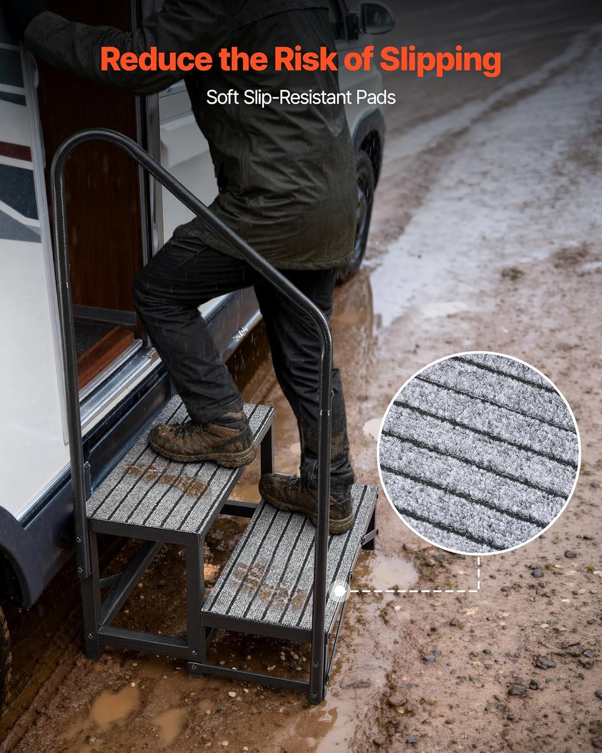 VEVOR RV Steps with Handrail, 2 Steps, 660 lbs Load Capacity, Heavy Duty Outdoor RV Stairs with Non-Slip Mat for Elderly and Pets, Portable Stairs for Hot Tub, Camper, Mobile Home, Porch, Pool, SPA