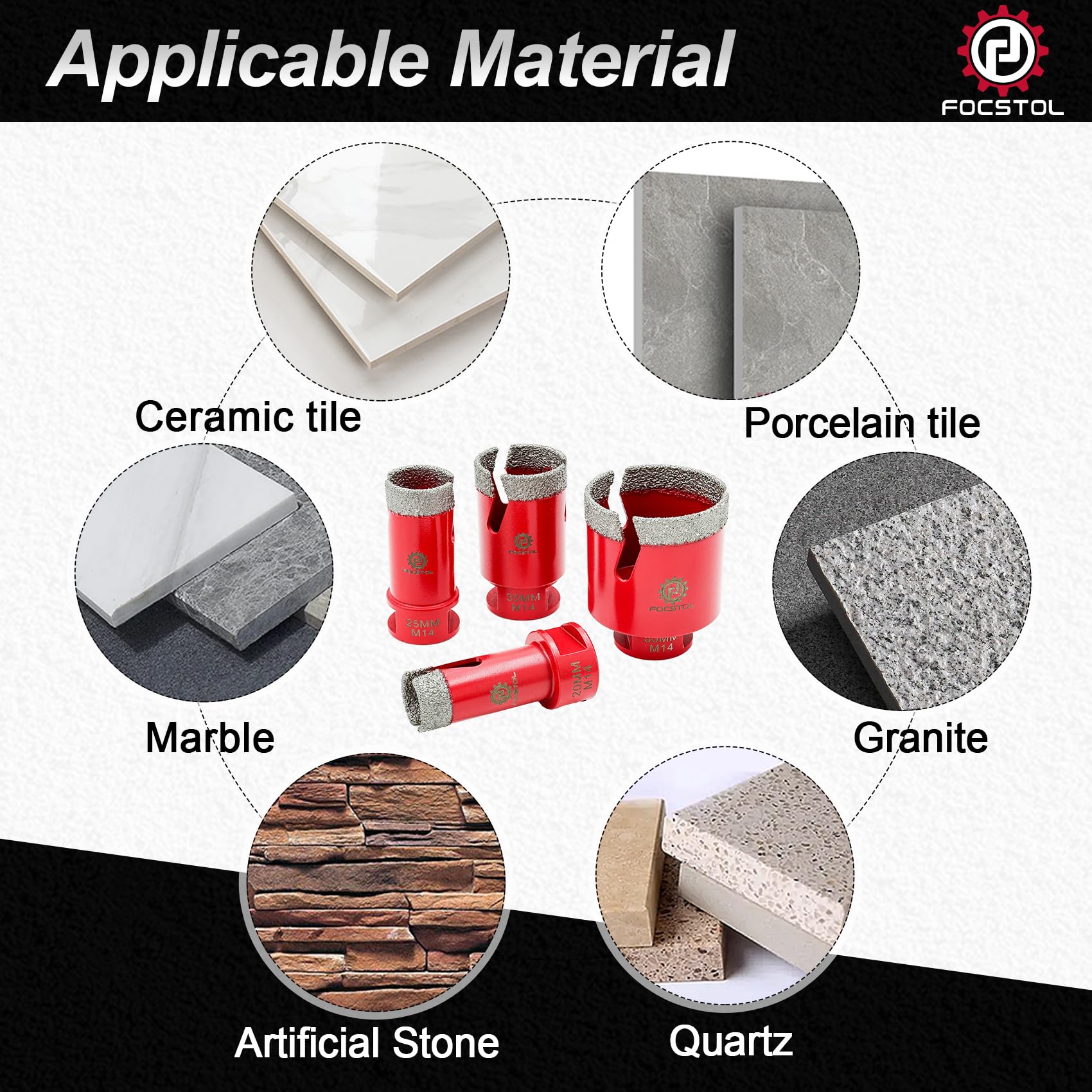 FOCSTOL Punte Diamantate Gres Porcellanato - 4 pezzi (20/25/35/50mm) Punte Trapano Diamantate per Piastrelle Ceramica Marmo Graint