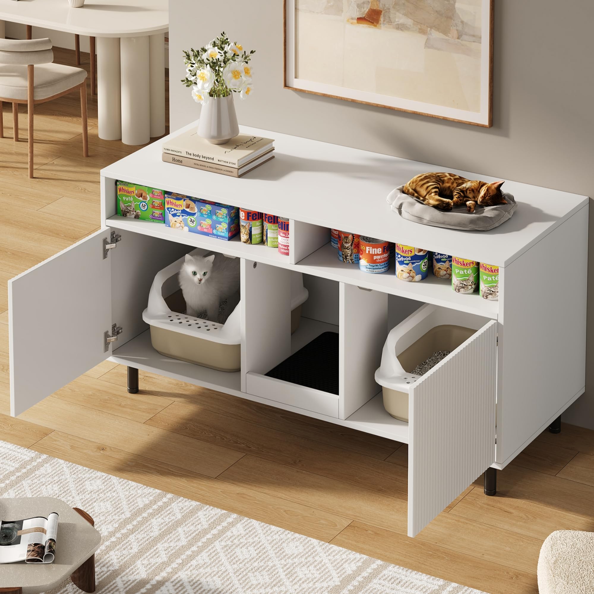 Katzentoiletten-Schrank mit Sandauffangmatte & Ablage, Platzsparendes Haustier-Sideboard zur Katzentoilette, Katzenklo verstecken, Praktisches Katzenzubehör, 120x50x66cm Weiß