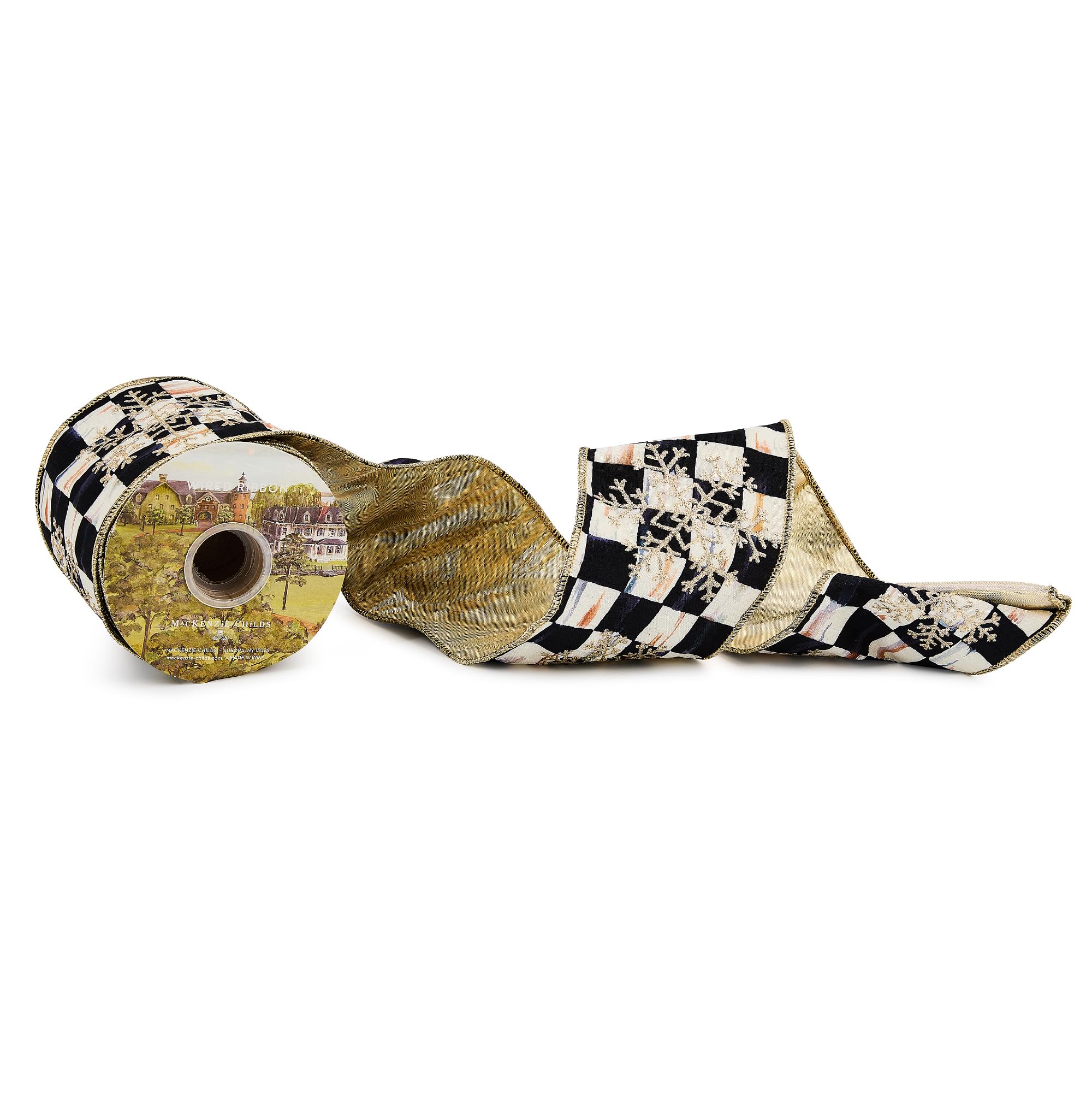 MACKENZIE-CHILDS Holiday Ribbon, Decorative Ribbon for Christmas Gift Wrapping and Wreaths, 4 Inches Wide, 5 Yards, Black-and-White Courtly Check