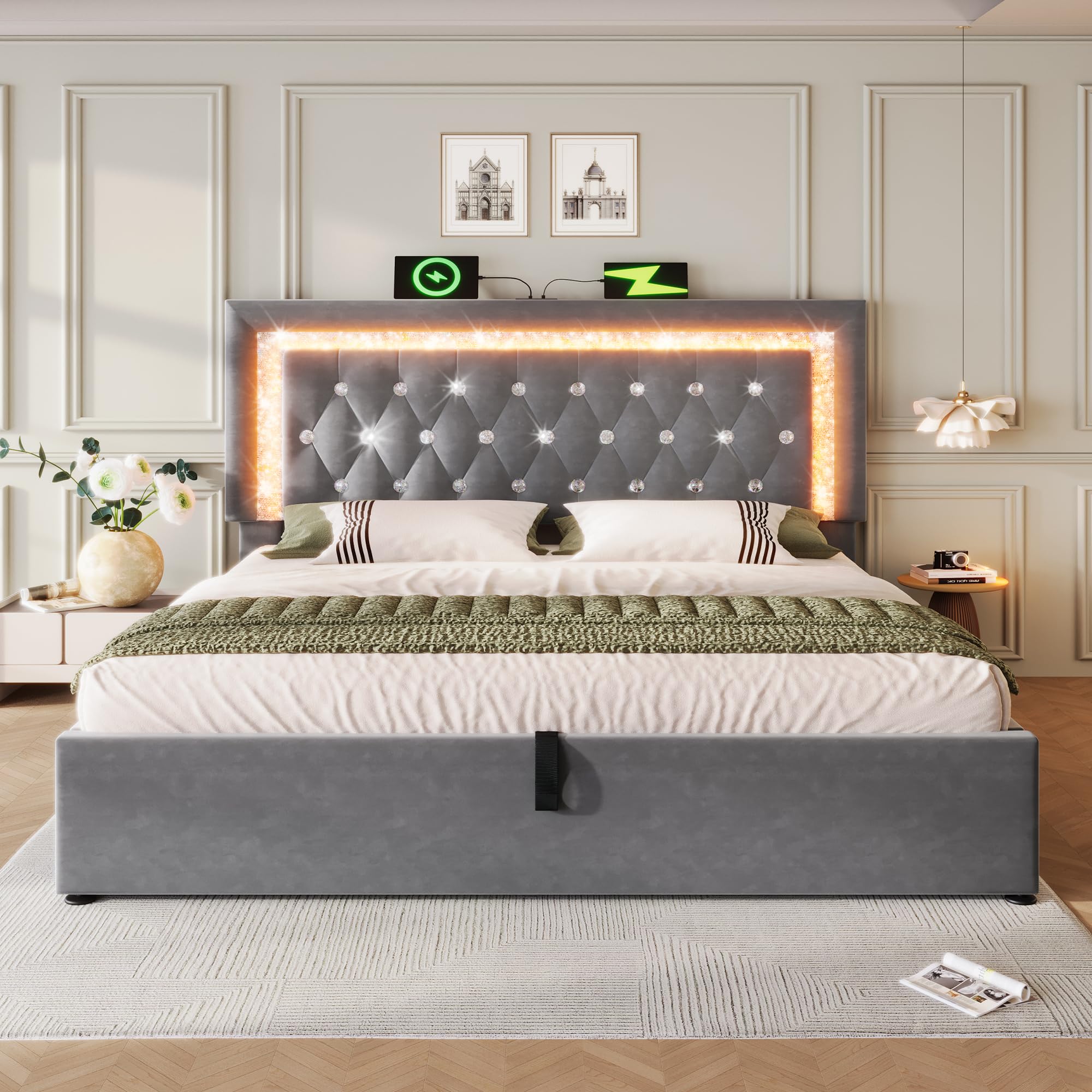 Łóżko tapicerowane 180 x 200 cm, aksamitne łóżko podwójne z paskami diamentowymi LED, stacja ładująca USB & Type-C, hydrauliczne łóżko do przechowywania, nowoczesne łóżko młodzieżowe ze