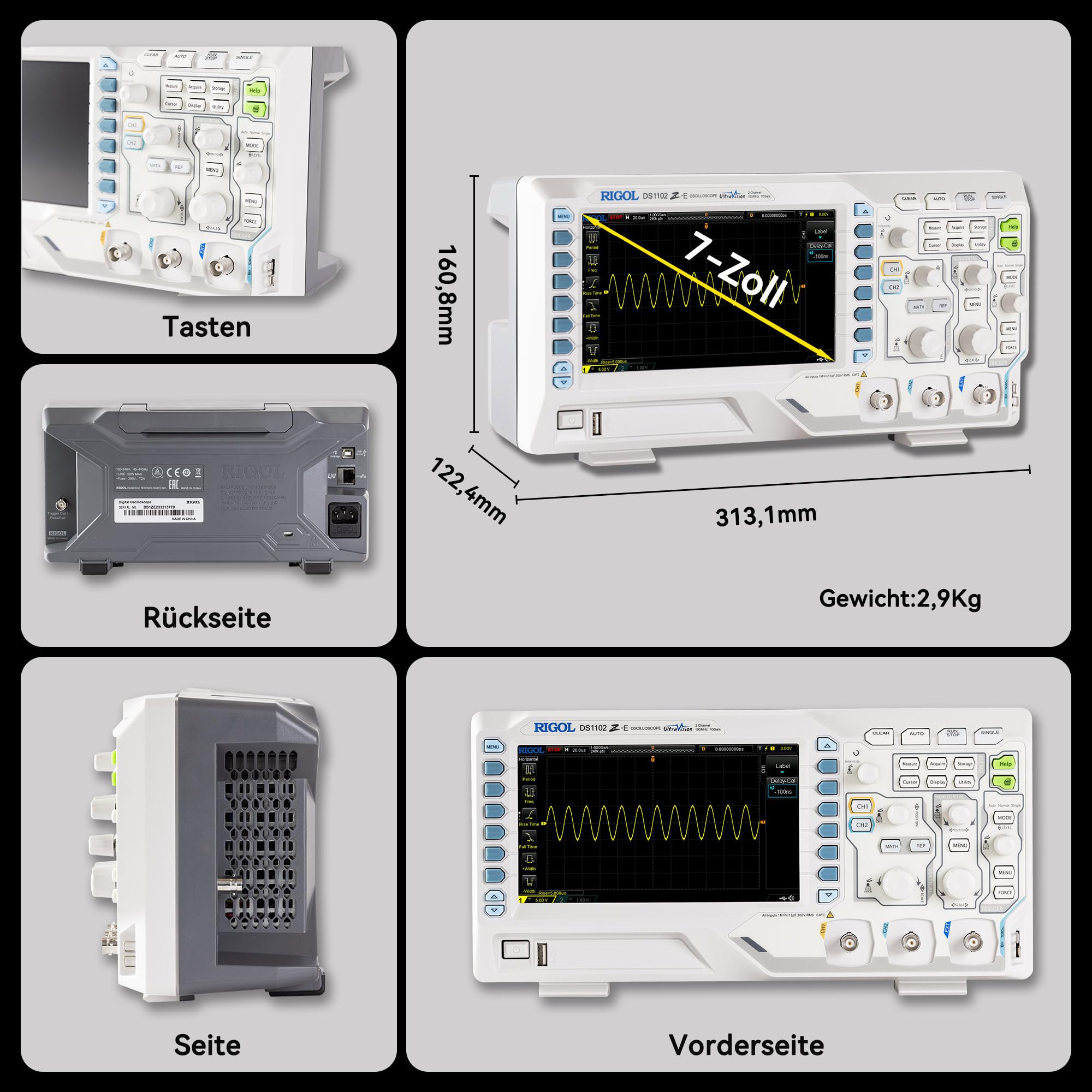 RIGOL Oszilloskop,DS1102Z-E Labor-Oszilloskop,100MHz, 2 Analogkanäle+EXT, 7-Zoll TFT-Display,Unterstützt Wellenformaufzeichnung und -wiedergabe.,Für Entwicklung,Reparatur und Laborschulungen