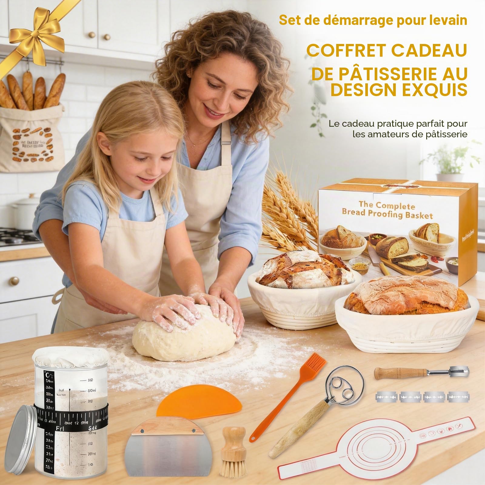 Banneton Pour Pain en Rotin Naturel 16 Pièces Accessoire pour Faire du Pain | Ovale 25cm & Ronde 23cm Banneton avec Starter Jar, Pot à Levain, Accessoire Boulangerie pour Débutants & Professionnels