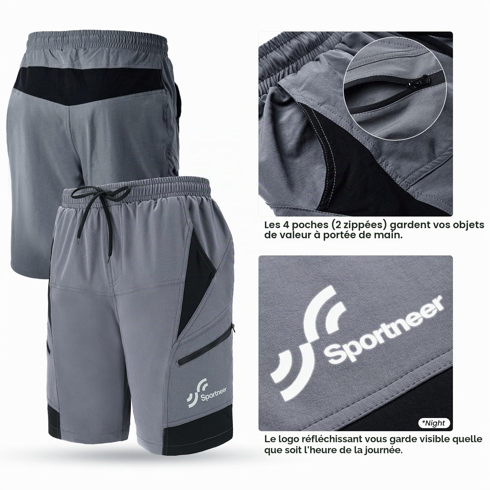 Sportneer Cuissard de Cyclisme rembourré pour Homme - Doublure 3D - pour VTT, Sport, Cyclisme, Plein air