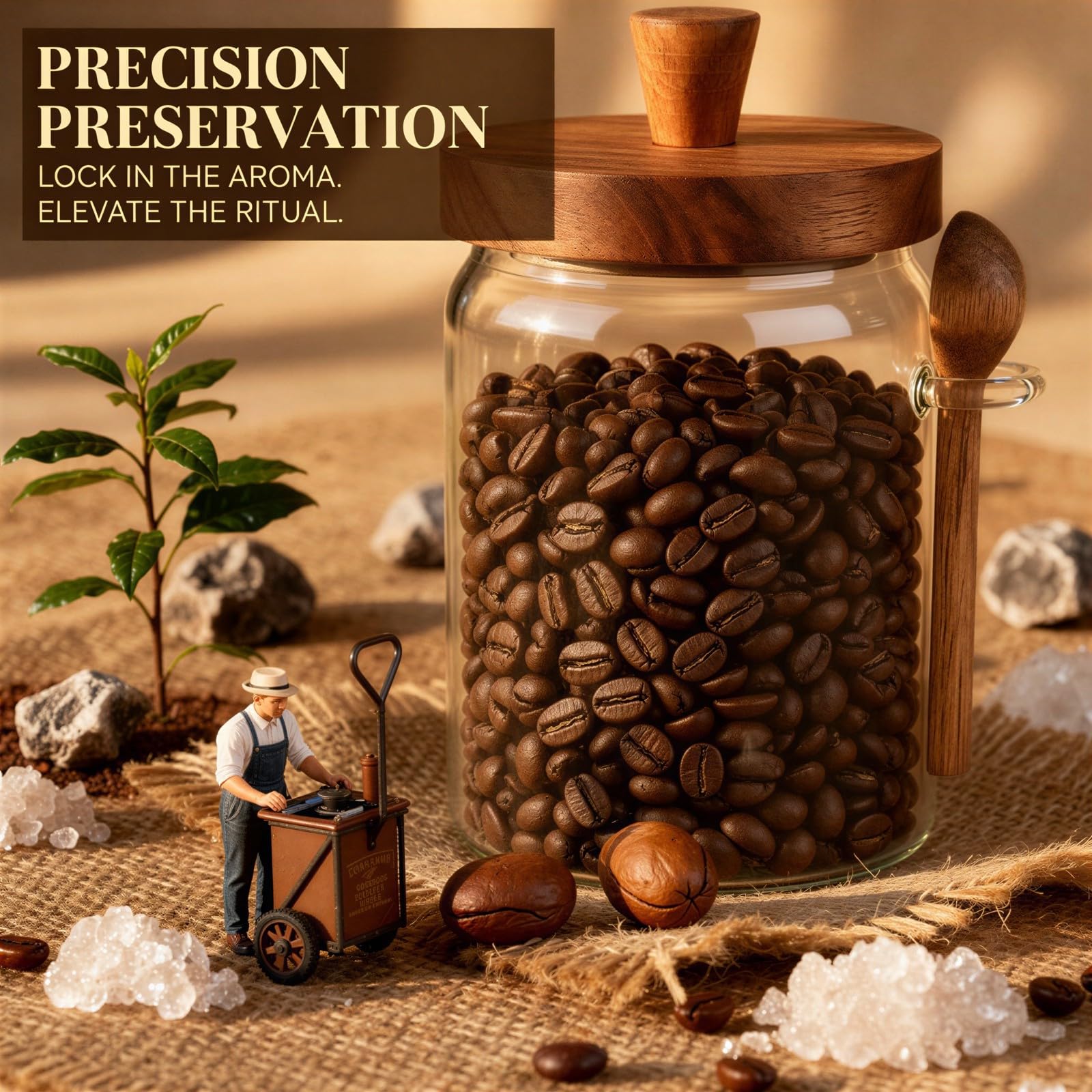 4 Stk. Glas-Kaffeebehälter mit Löffel und Etiketten, 600 ml Borosilikat-Gläser mit luftdichtem Silikonring und Holzdeckel, Vorratsglas für Zucker, Tee, Bohnen, Snacks, 8,9 x 16 cm