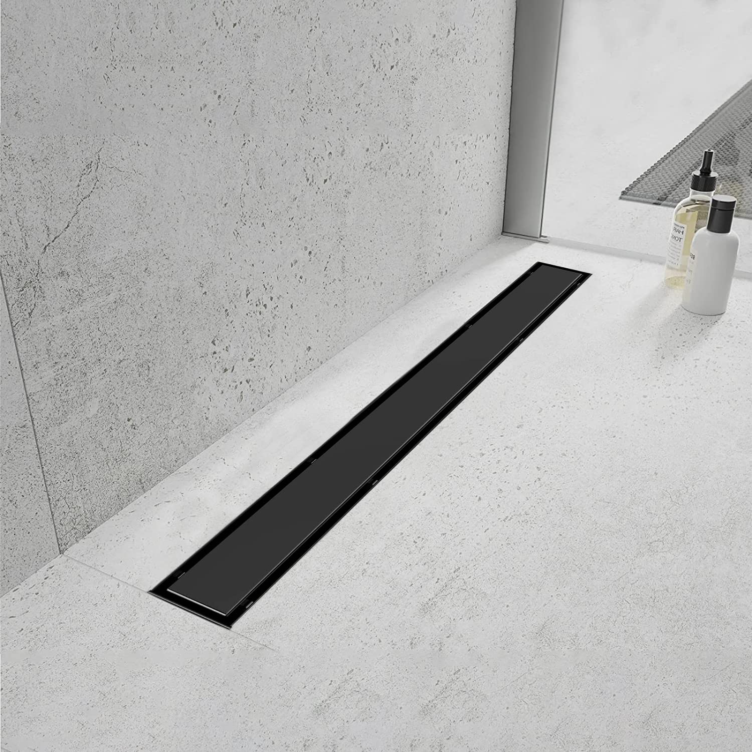 Offset Linear Shower Drain, Black Shower Drain 24 inch with 2-in-1 Tile Insert Cover, Brushed 304 Stainless Steel Side Outlet Black Shower Floor Drain with Hair Catcher and Adjustable Feet
