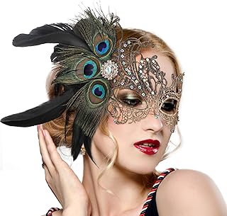 Lace Masquerade Masks for Women - 1920s Peacock Feather Venetian Mask for Halloween Couples Mardi Gras Ball - Buy now