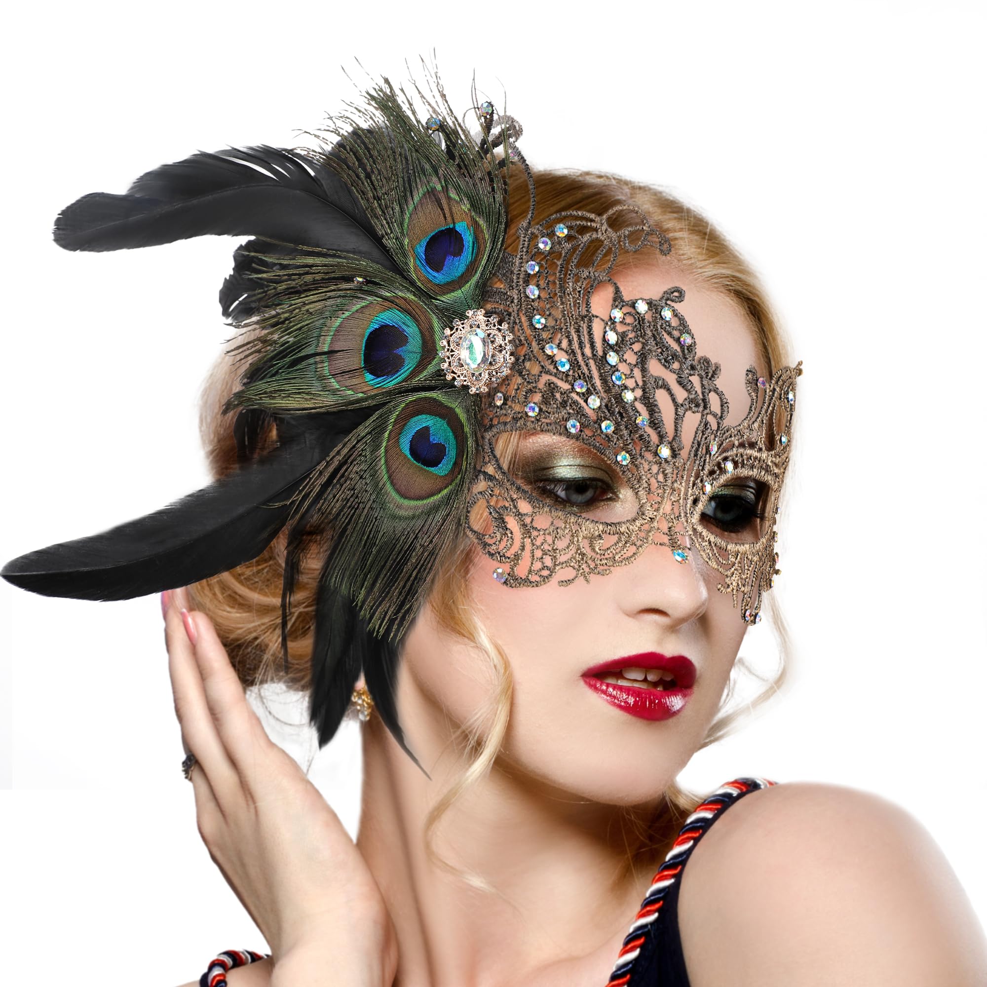 ETOFETE Lace Feather Masquerade Mask for Women - Elegant Ladies Half Face Eye Mask for Halloween Masquerade Ball Prom Party Costume - Image 2