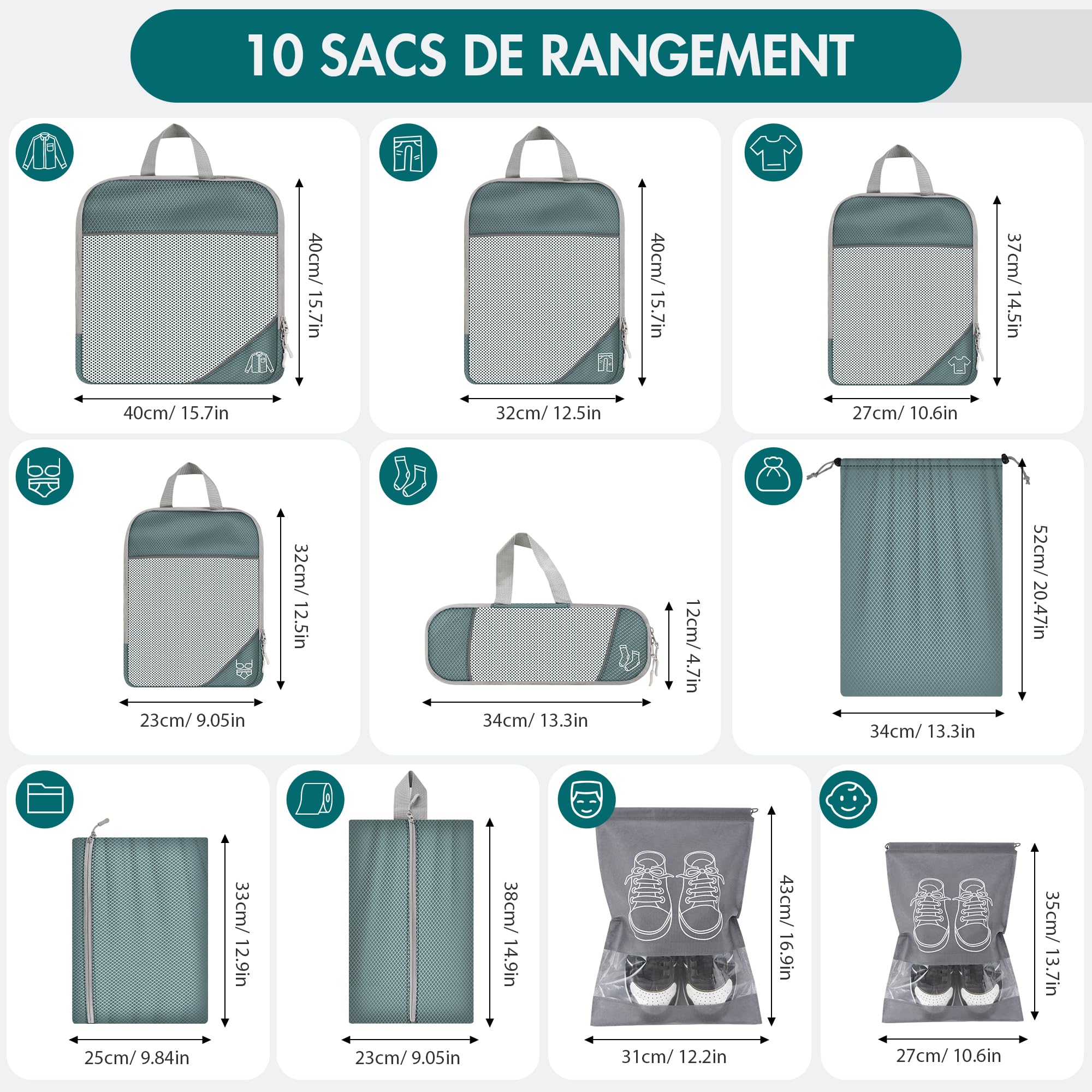 Lot de 10 Organisateurs de Valise à Compression, Packing Cubes Compression Gris, Pochettes de Rangement Voyage en Maille, Cubes de Bagage Multi-Tailles avec Sacs à Chaussures et Accessoires