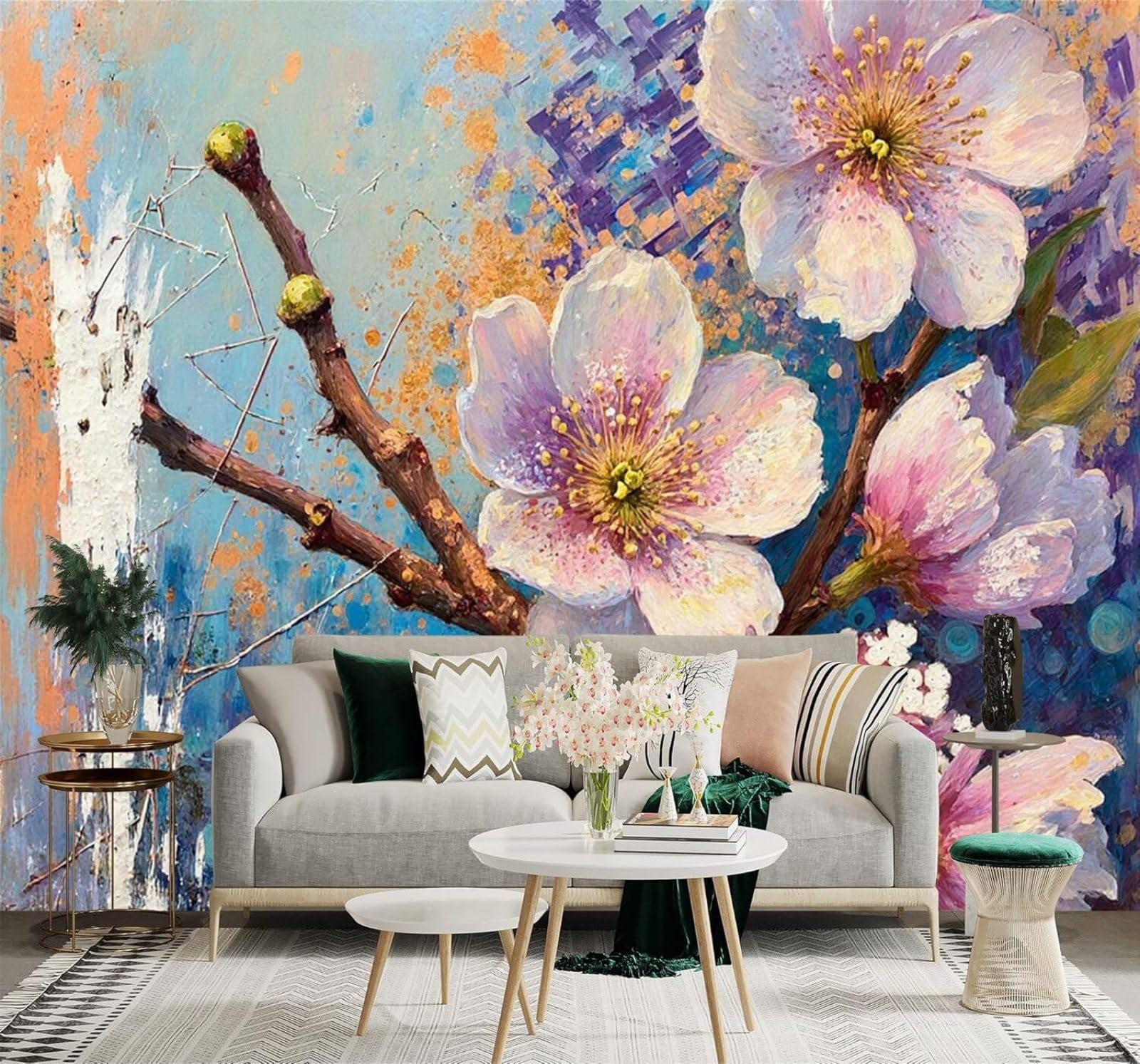 XLMING Abstract Blue and Orange Hand Drawn Pink Cherry Blossoms 3D Wallpaper Silky Texture Home Study Office Grey Dining Room Sofa Bedroom Living Room TV Backdrop-350cm×256cm