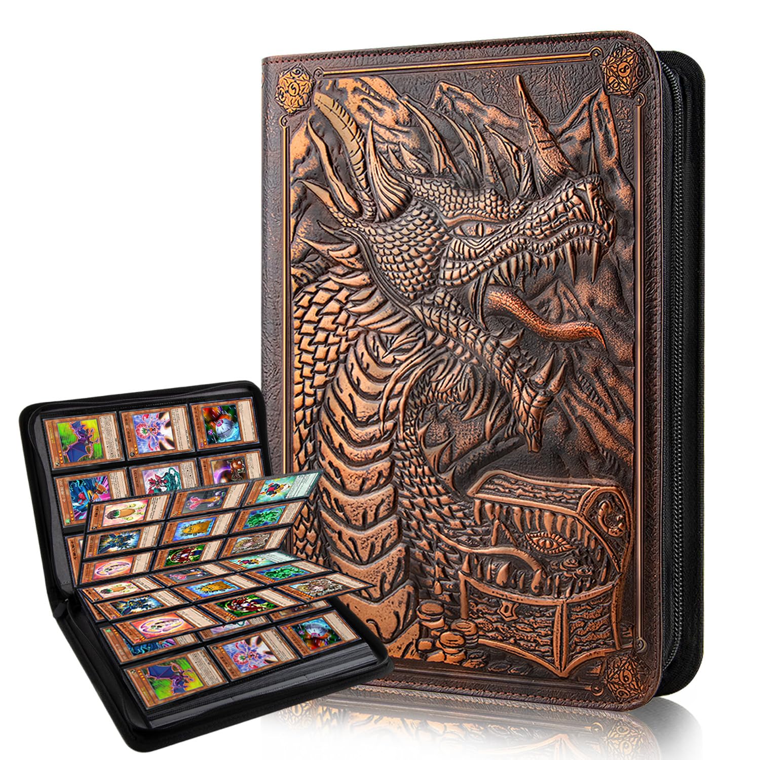 Pokemon, raccoglitore per carte di credito a 9 tasche, con chiusura lampo di alta qualità, 360 cartelle in poliuretano double face, design drago, raccoglitore per carte MTG, TCG, carte sportive (rame