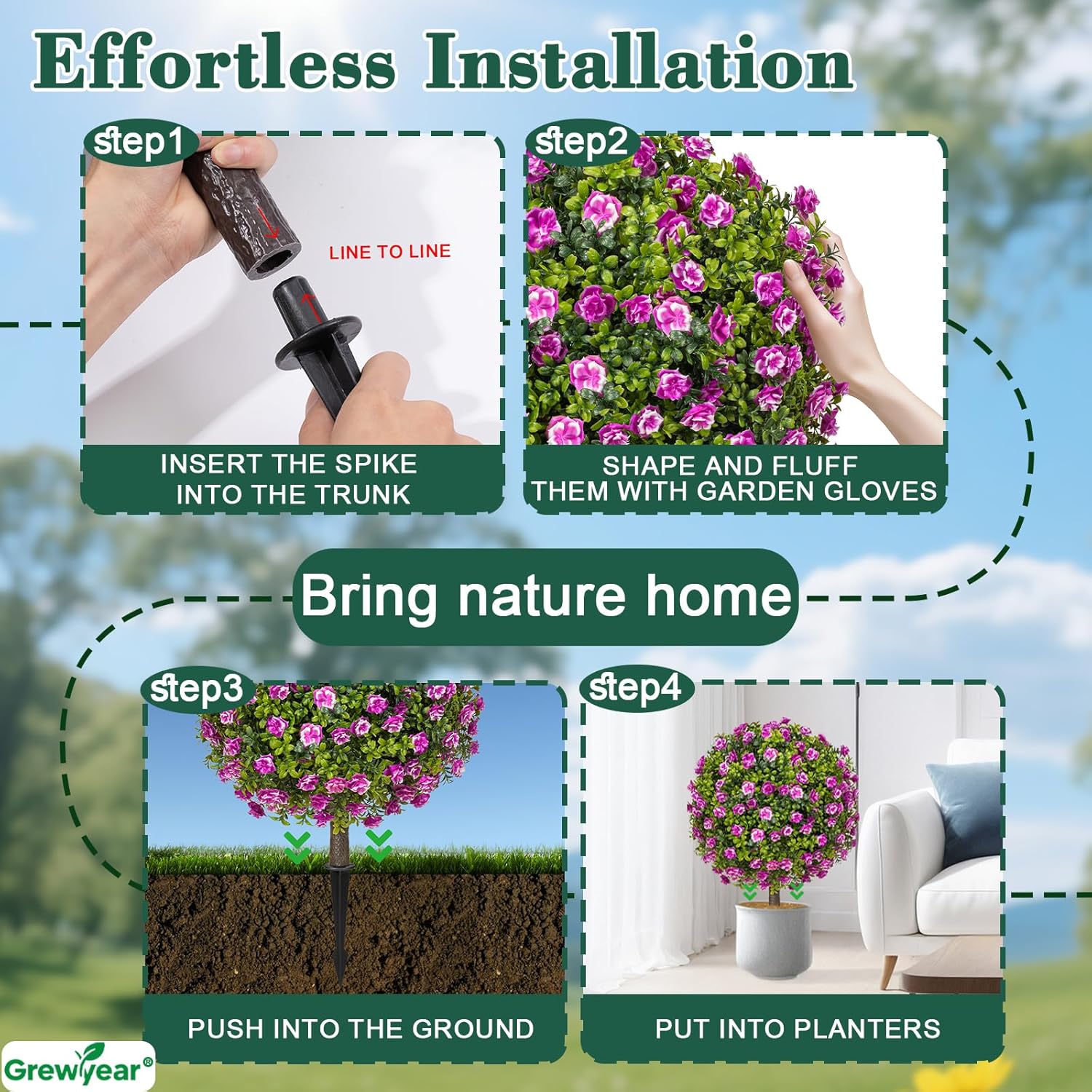 Artificial Purple Rose Topiary Ball Trees with Ground Spike Set of 2, Faux Boxwoods for Outdoor Planters, UV Resistant Artificial Outdoor Plants for Porch, Fake Bushes Round Shrub - Image 4