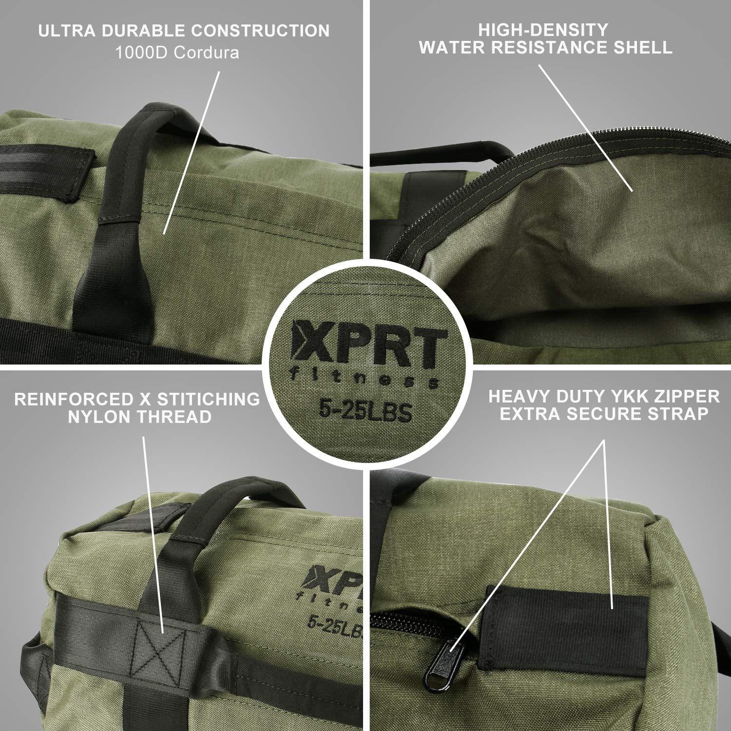 XPRT Fitness Workout-Sandsack für schweres Training, Cross-Training, 7 Multi-Positions-Griffe, Farbe: Armeegrün/Schwarz/Camo