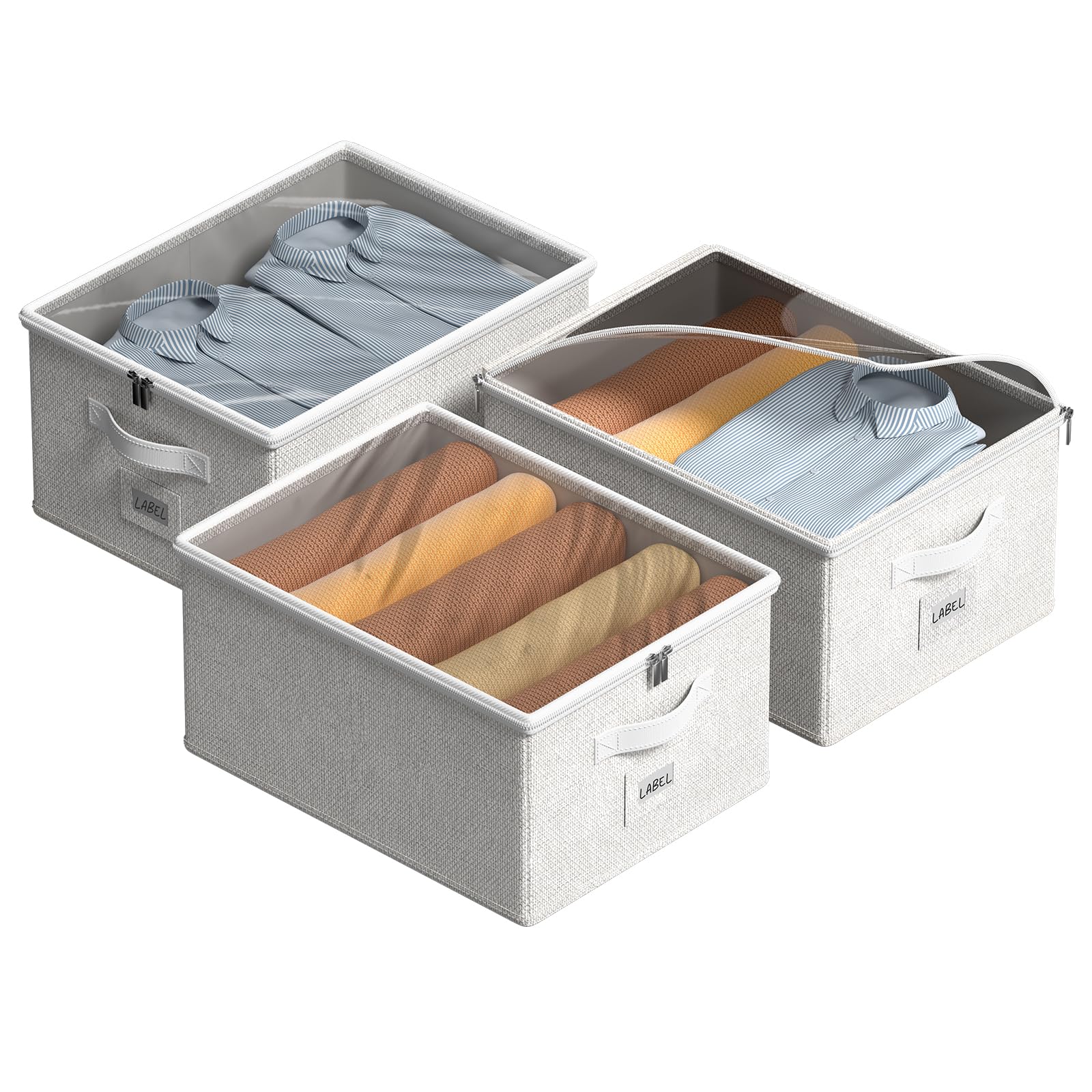 Storage Bins with Clear Window Lids 3 Pack Linen Fabric Storage Boxes