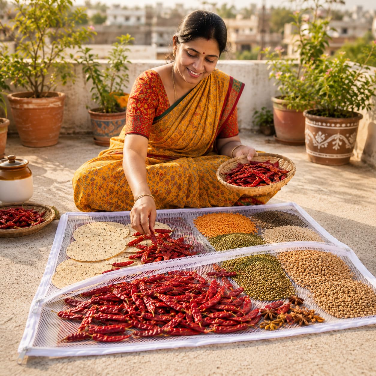 Thin Cotton Cloth with Net Cover for Drying Papad, Vadagam & Millets | Breathable, Washable & Reusable Sun-Drying Sheet | Size: 29 x 36 Inches-image-30