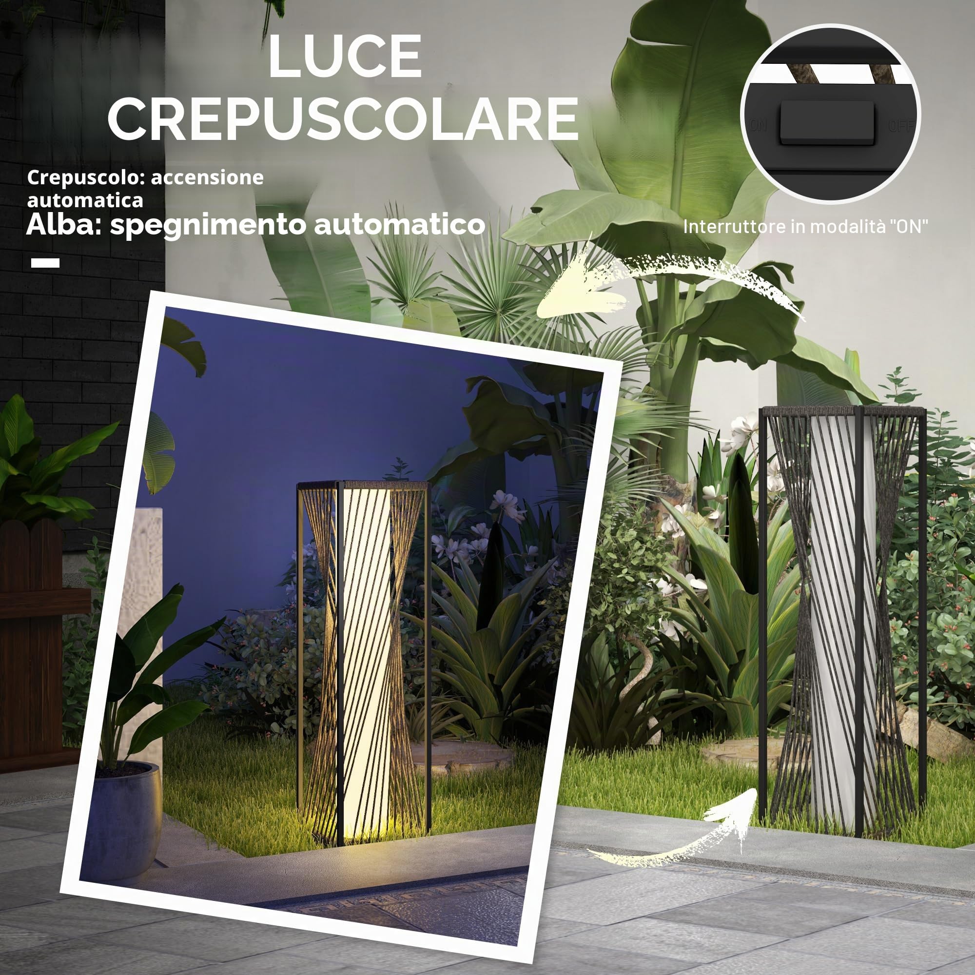 Outsunny Lampada da giardino rattan 77cm LED auto on/off grigia