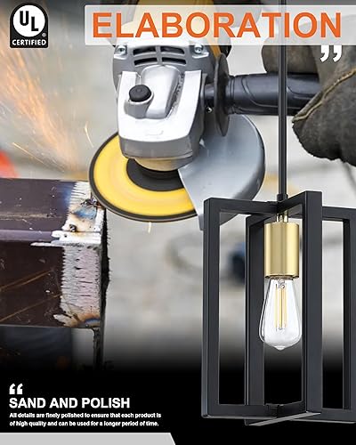 Miniatura 4 de Paquete de 3 lámparas colgantes de 1 lámpara industrial para isla de cocina, casa de campo, rústico, vintage, acabado negro y dorado, accesorio para