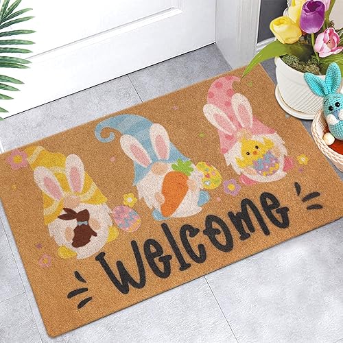 Felpudo de bienvenida con gnomo de Pascua, conejo, primavera sueca, para interiores y exteriores, para puerta de porche, alfombra de abril y Tomte,