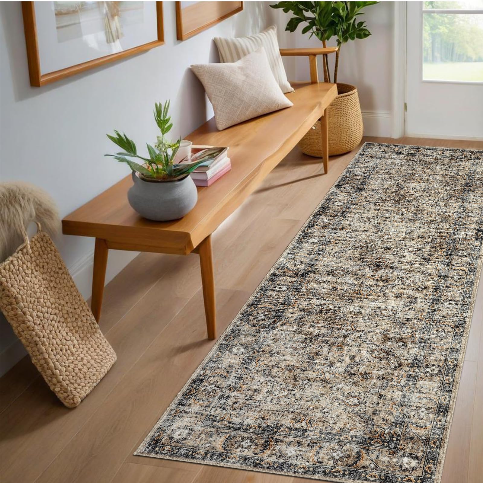 GarveeHome Washable Runner Rug 2x6 Vintage Carpet Runner with Non Slip Backing Foldable Non Shedding Retro Accent Rug Low Pile Distressed Throw Rug for Hallway Office Bedroom, Brown