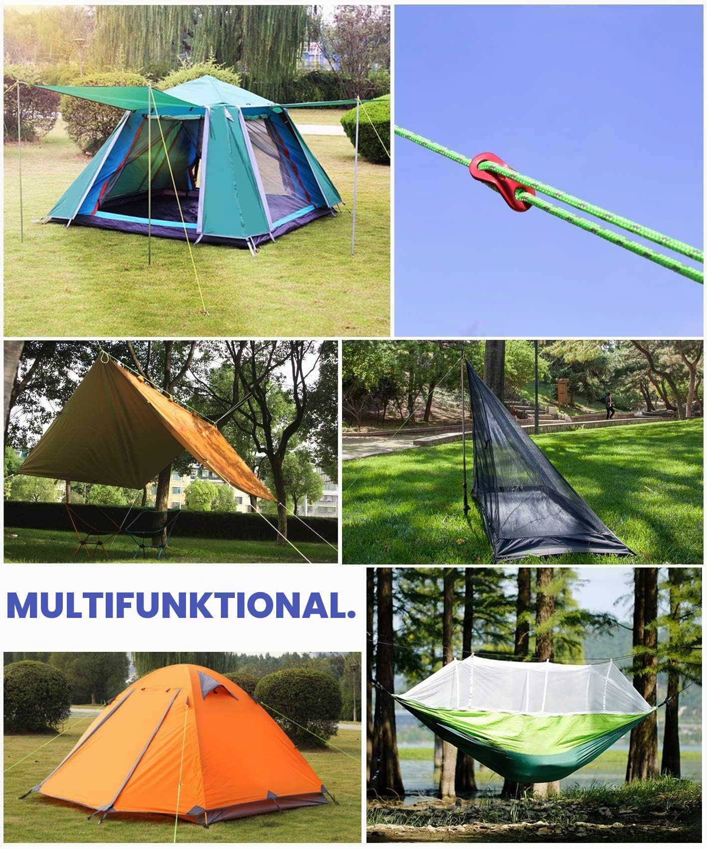 50M reflektierende Schnur Guy Seile Outdoor Zelt Führungsseil 100% Nylon Schnur Windlinie mit 10 Stück Aluminiumlegierung Spanner für Camping (red, Diameter 5 mm)