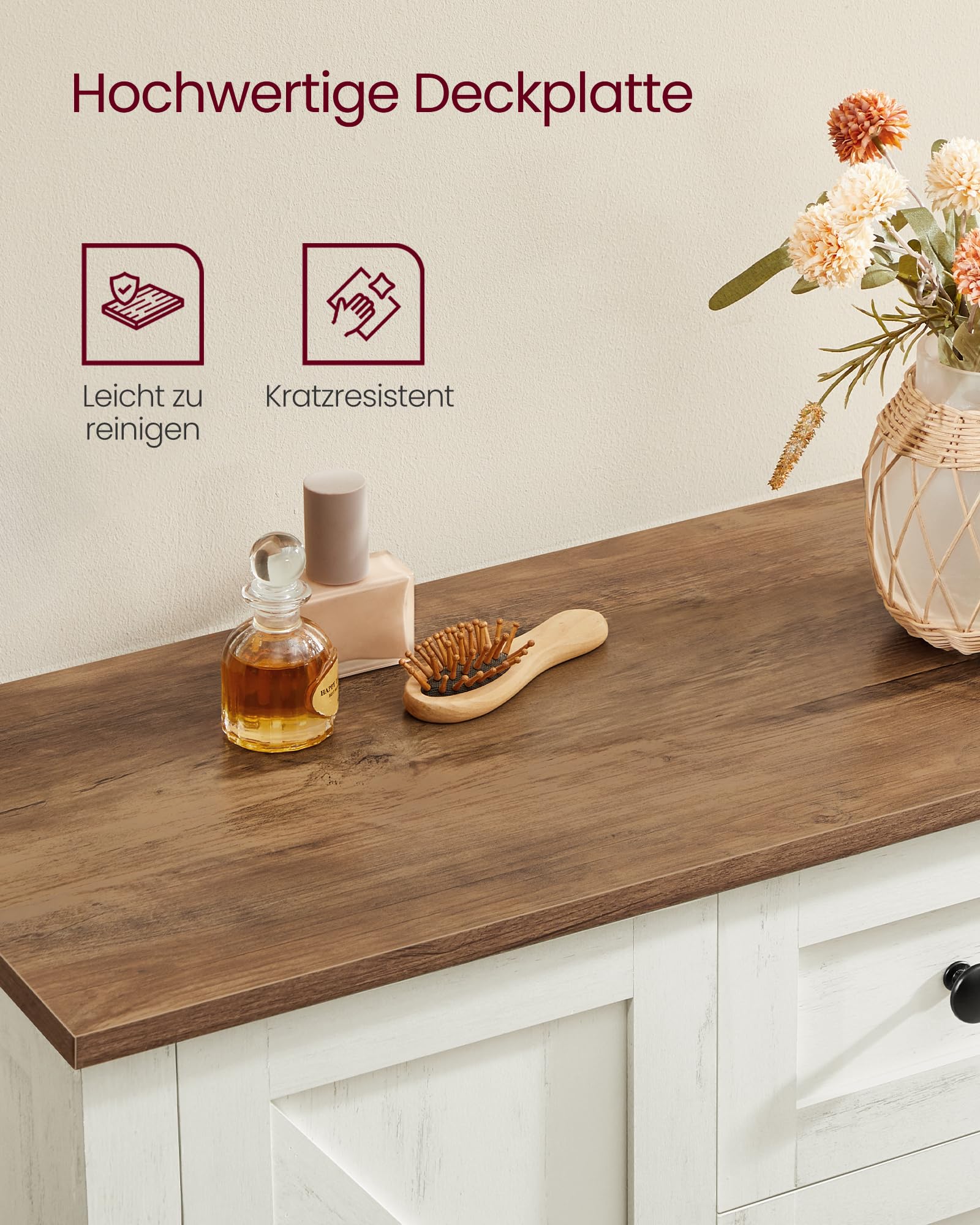 VASAGLE LIRY Kollektion - Aufbewahrungsschrank, Badezimmerschrank im Landhausstil, mit 4 Schubladen, Tür, freistehender Schrank, verstellbare Ablagen, vintageweiß BBK753W01