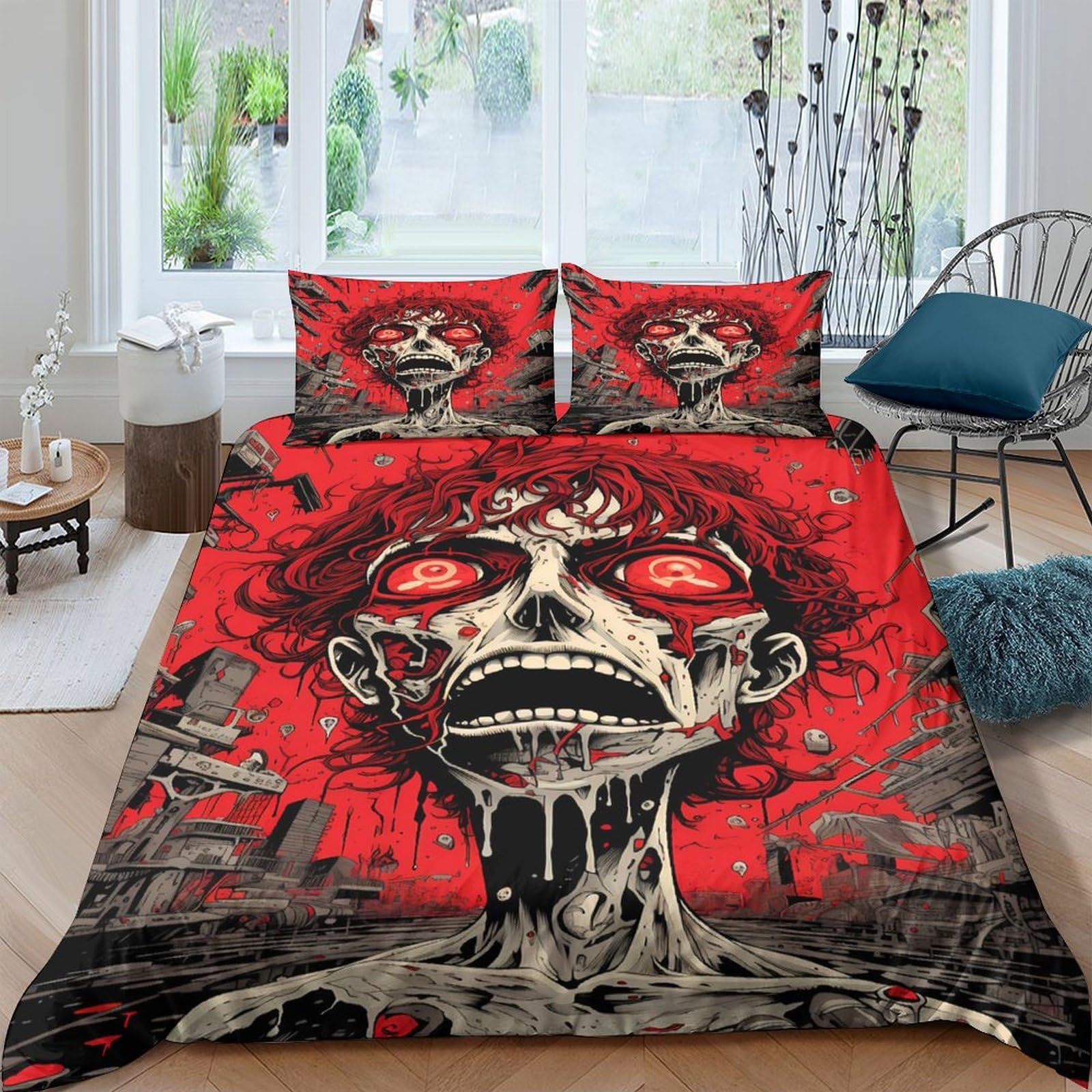 Ctjqhvkz Style-3 3D Printed Horror Zombie Fitted Sheet Microfiber Red Skull Bed Cover For Bedroom Dorm Mattress Protection Decor Single（135X200cm）