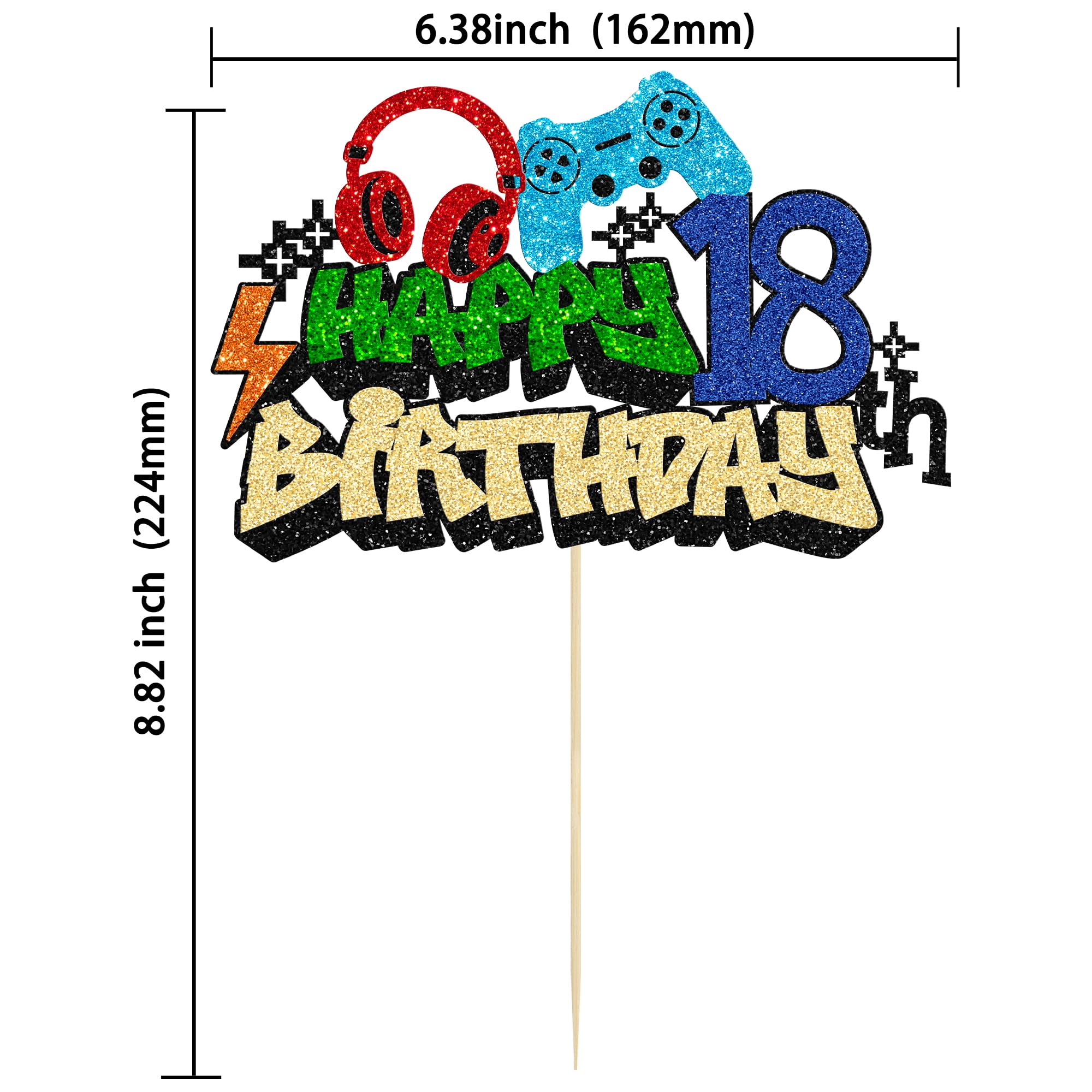 Gyufise 1Pcs Happy 18th Birthday Cake Topper Glitter Video Game Cake Pick Game On Controllers Eighteen Cheers to 18 Years Cake Decoration for Game Theme Happy 18th Birthday Party Supplies 1