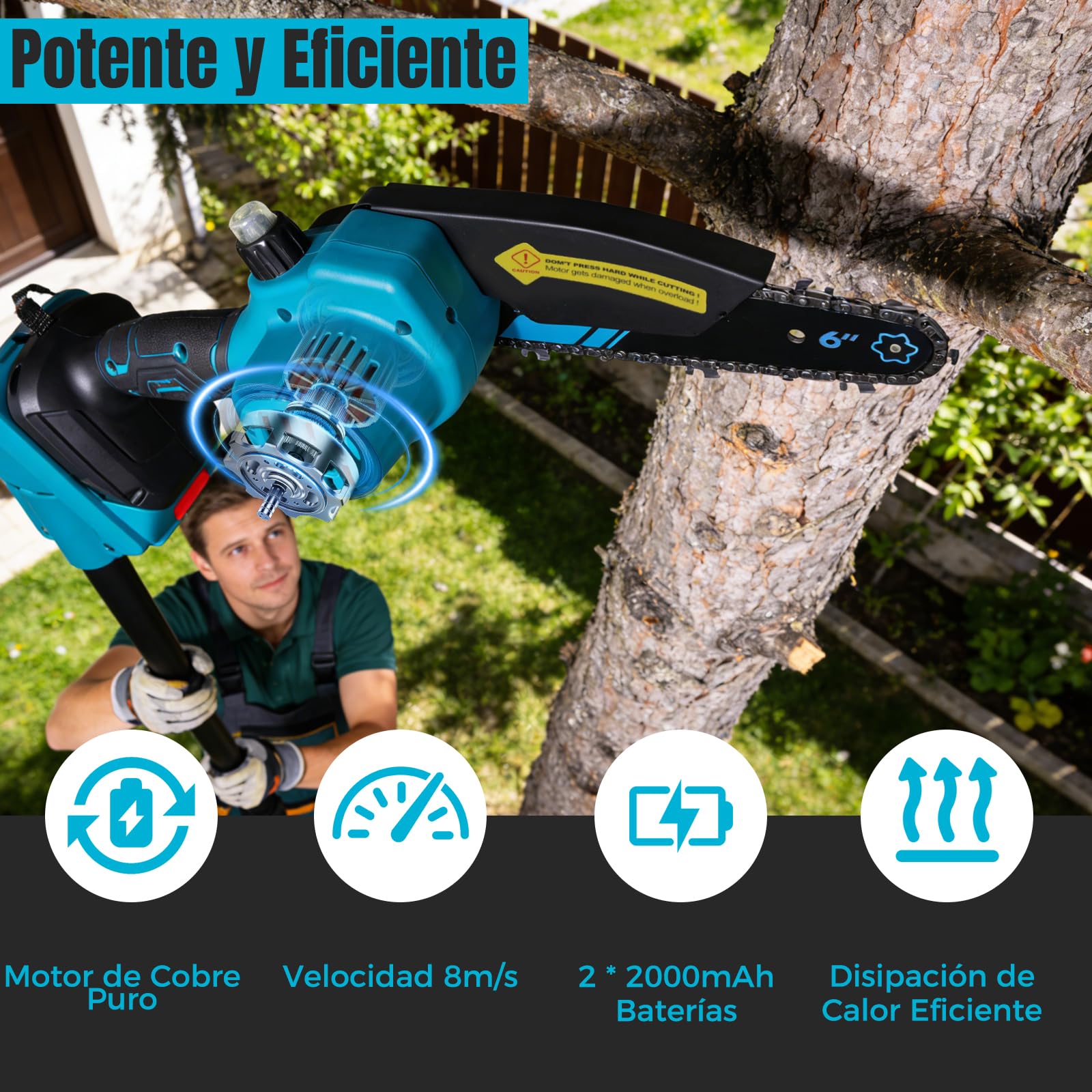 4 en 1 Motosierra y Cortasetos Telescópico a Batería, Compatible con Makita 18V, Podadora de Altura Extensible 2.5m con Correa, Motor de Cobre Puro de Alta Potencia, 2 Baterías para Poda de Jardín