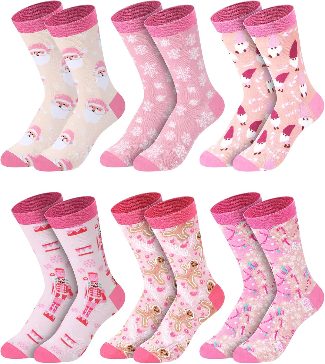 6 Pairs Pink Christmas Socks for Women Girls Novelty Santa Claus Snowflakes Patterns Cotton Crew Sock Xmas Gifts