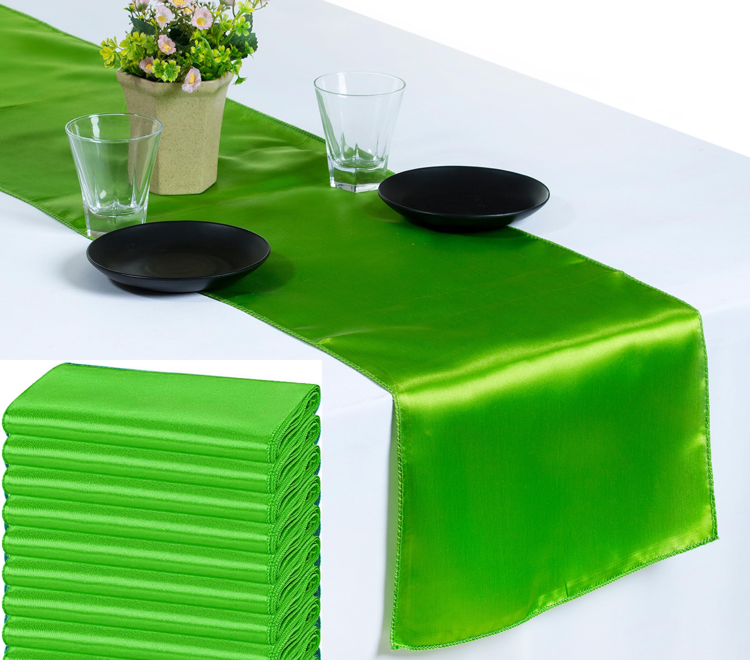 VDS Pack of 15 Satin Table Runners for Wedding & Party Décor 12” x 108”, Smooth Glossy Sateen Fabric Runner, Dining Table Decoration for Reception Banquet & Events Hotel Restaurant - Parrot Green