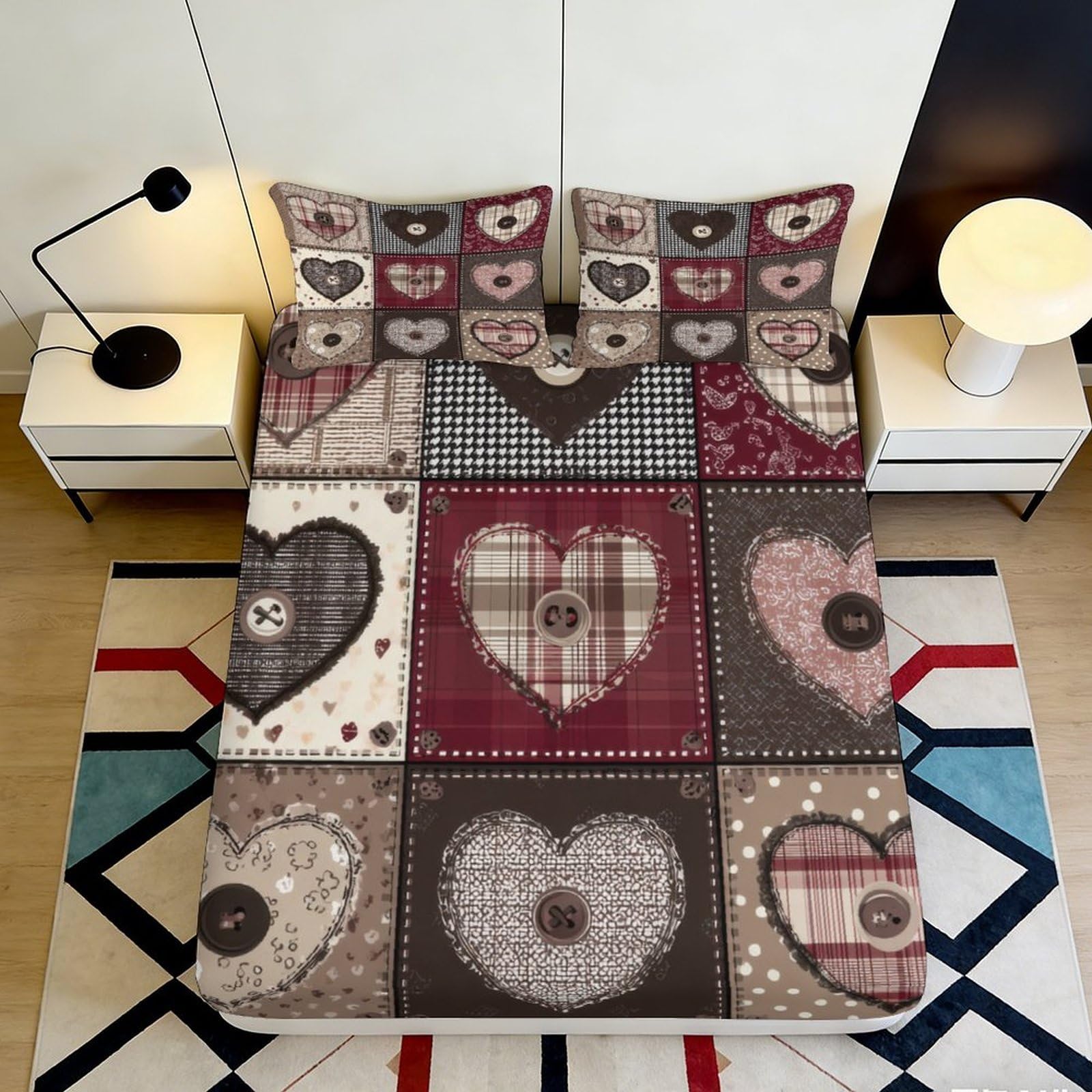 3D Printed Patchwork Heart Fitted Sheet Microfiber Soft Breathable Plaid Bed Cover for Bedroom Dormitory Guest Room Mattress Protection Decor 120x200x25cm