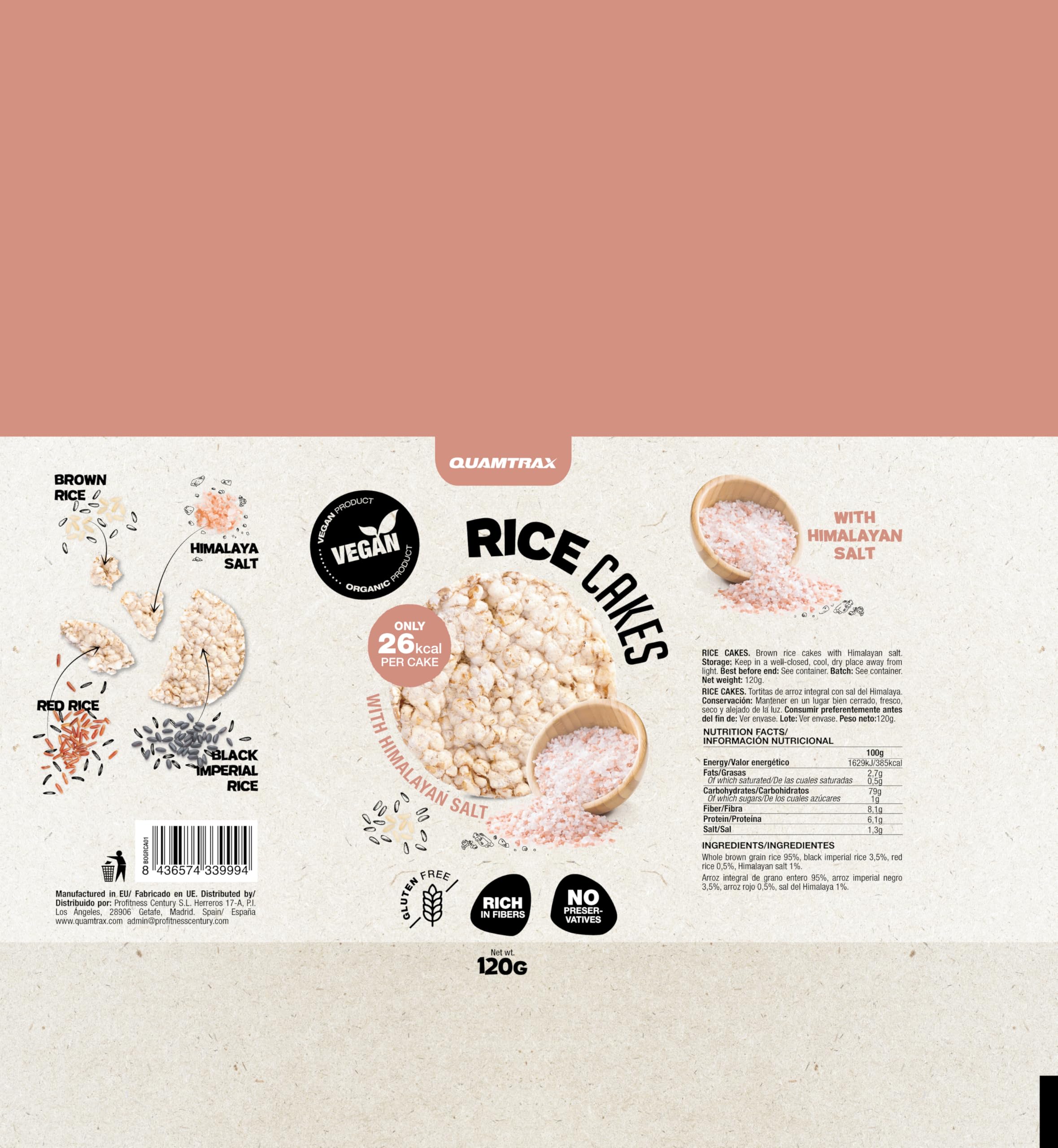 Quamtrax Nutrition - Brown Rice Cakes 120 gr x 12 - Con Sal del Himalaya - Sin gluten, saludable y ligero
