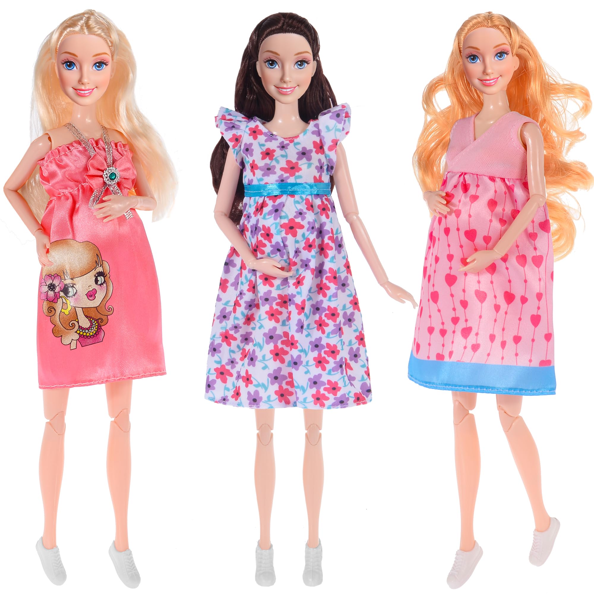 dollbie 3-Pack 11.5 inch Pregnant Dolls with Interchangeable Pregnant and Normal Bellies - Includes 3 Dolls, 3 Dresses, 3 Babies
