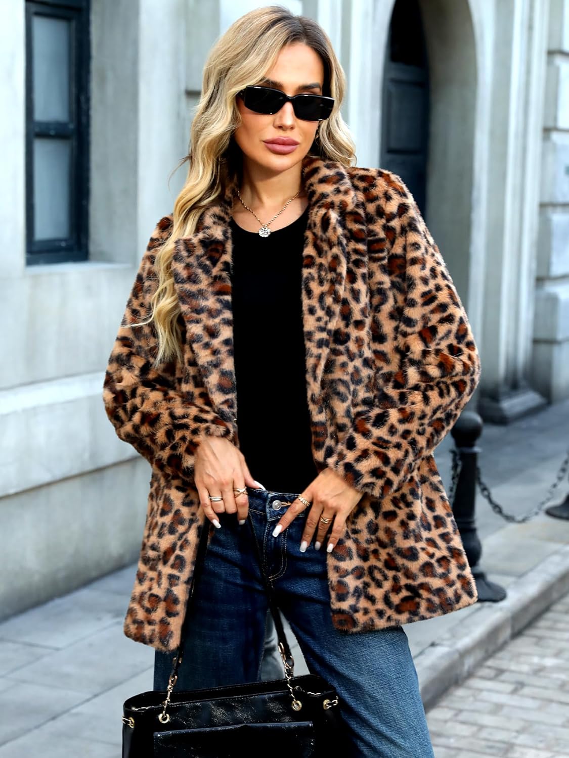 ELLEVEN Women’s Faux Fur Leopard Coat Long Winter Coats, Autumn Notch Lapel Jackets with Pockets - Image 3