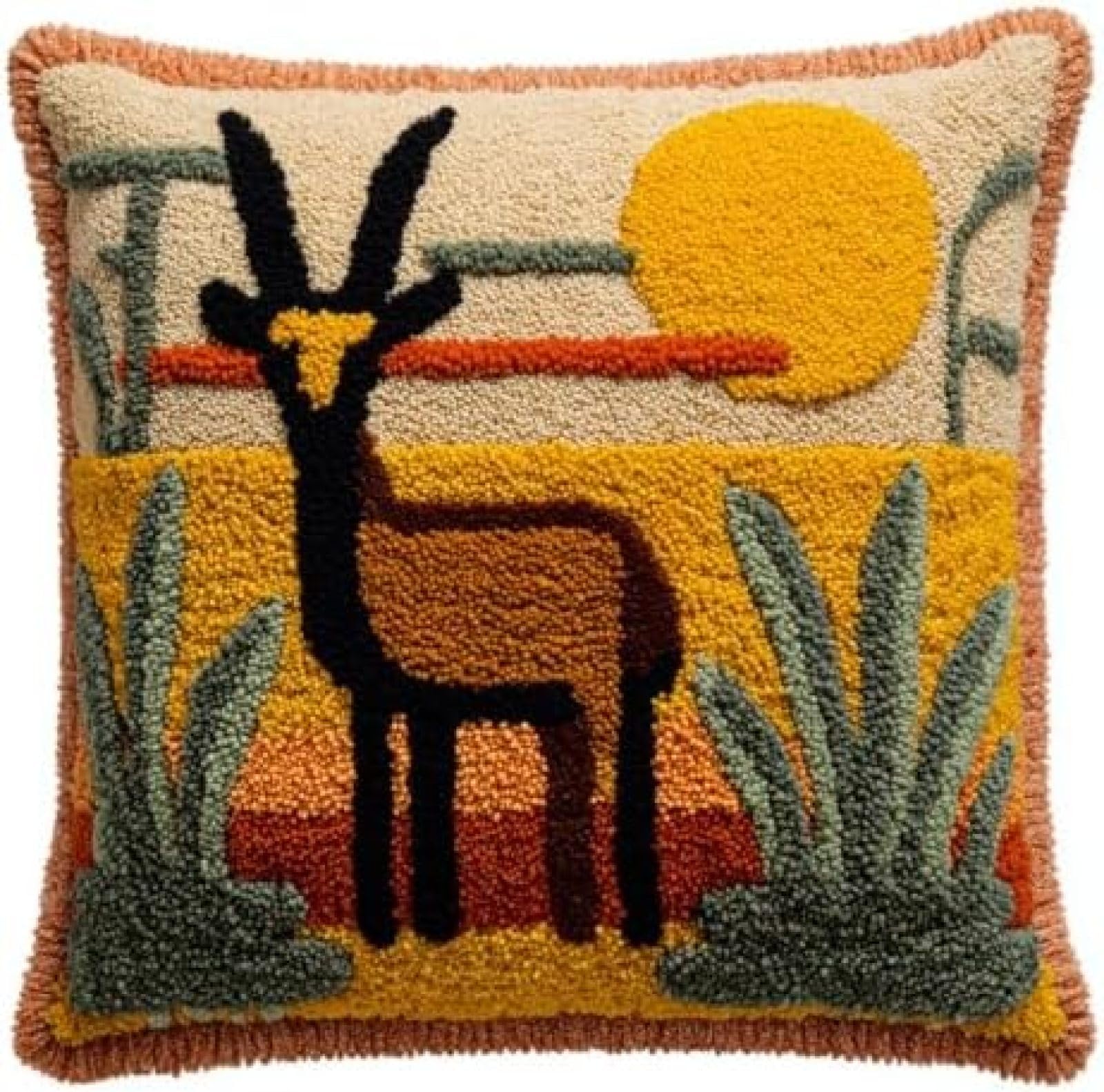 kitphoenix Cushion Cover Latch Hook Kit for Adults Beginners,Antelope Golden Sunse,DIY Crochet Embroidery Craft Set with Yarn,Hook and Printed Canvas,43x43 cm