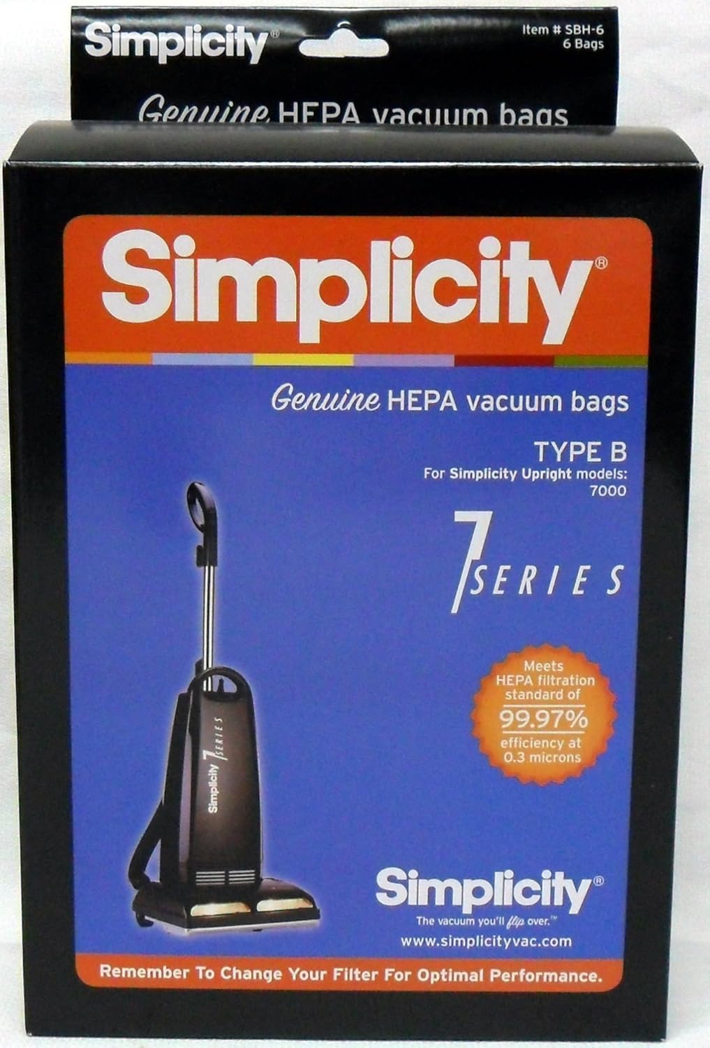 Simplicity Type B Genuine HEPA Vacuum Bags for Upright Models 7000 (Pack of 6)