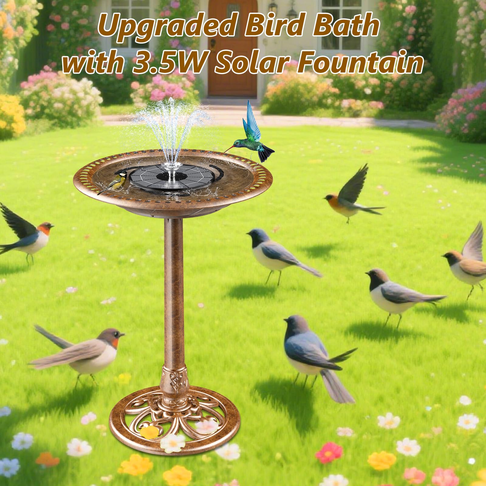 AISITIN Abreuvoir pour oiseaux, avec fontaine solaire, 3,5 W, pour mangeoire, jardin, balcon, décoration de balcon, terrasse, en bronze, plastique, bronze