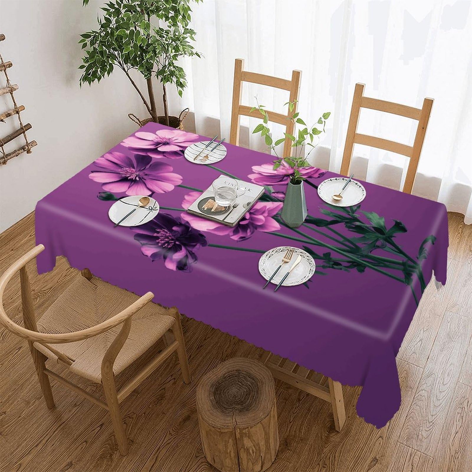 FekiLoot Beautiful Purple Flowers Tablecloths for Rectangle Tables Wipeable Spillproof Polyester Table Cloth Wrinkle Free Farmhouse Dining Tables Cover Elegant Vintage Decor Tablecover