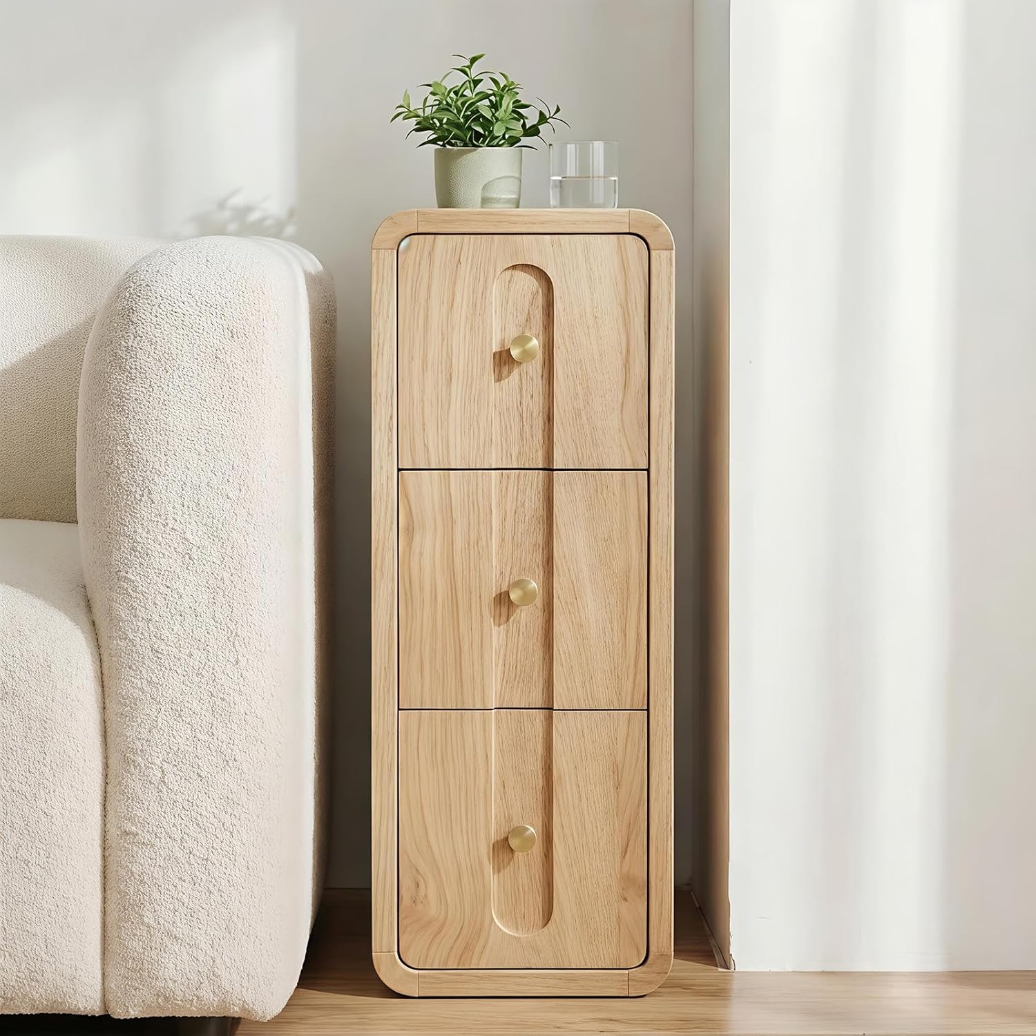Narrow Nightstand with 3 Drawers, Small Bedside Table, Mid Century Modern Skinny Night Stand with Storage, Wood Slim Side Table for Bedroom, Small Spaces, Living Room (Natural-1pcs)