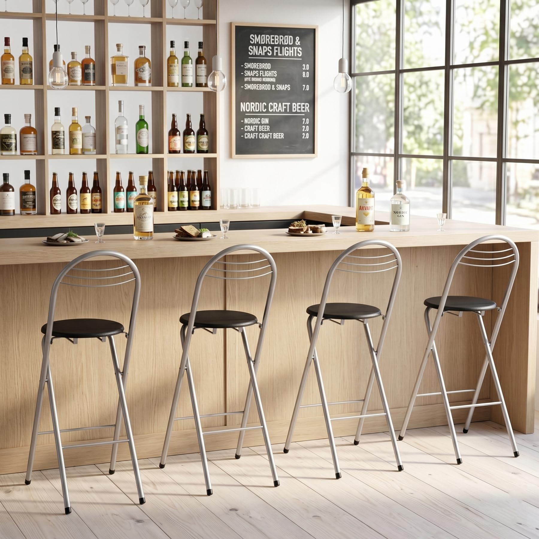 Lot de 4 Tabourets Bar Pliant avec Dossier, Hauteur d'assise 75 cm, Tabouret Haut Pliant Portable, Chaise de Bar Pliante, pour Cuisine Bistro Extérieure, sans Assemblage, Noir et Argent