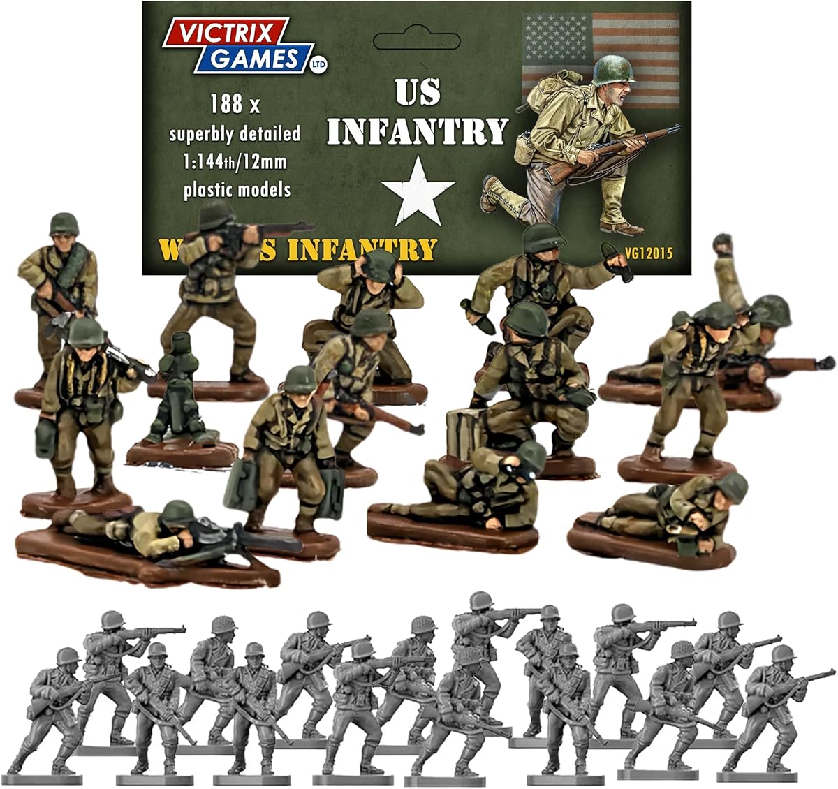 Wargames Delivered - Miniaturas de infantería estadounidense Victrix de 12 mm de la Segunda Guerra Mundial con descarga STL en miniatura adicional - 188 figuras altamente detalladas para juegos de guerra - Fusileros, suboficiales, francotiradores, morteros, equipos de bazooka