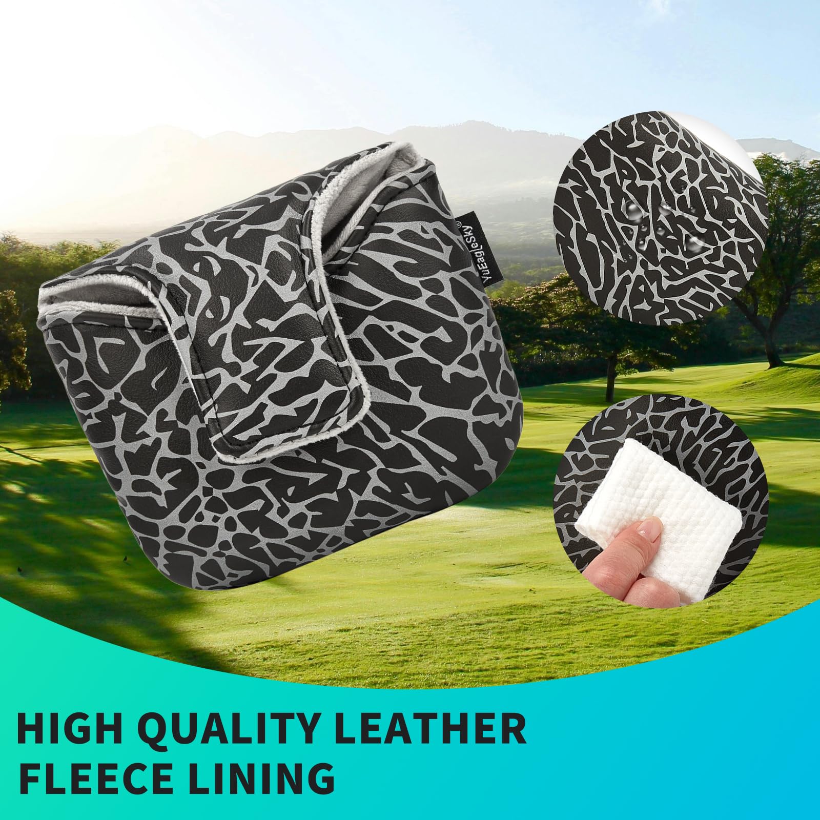 YuEagleSky Golf Club Mallet Putter Head Cover Black with Grey Elephant Print Design - Magnetic Closure, Durable PU Material - Single Package