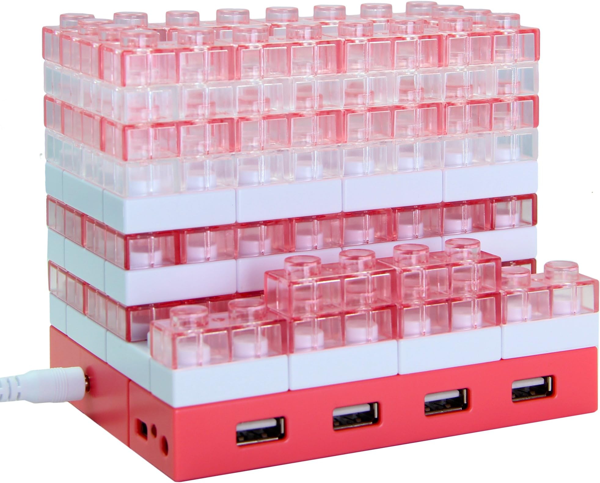 5-in-1 Large Brick Pen Holder / Phone Stand with 4 Port USB 2.0 Hub, Lighting Effect, Memo Board (Pink)
