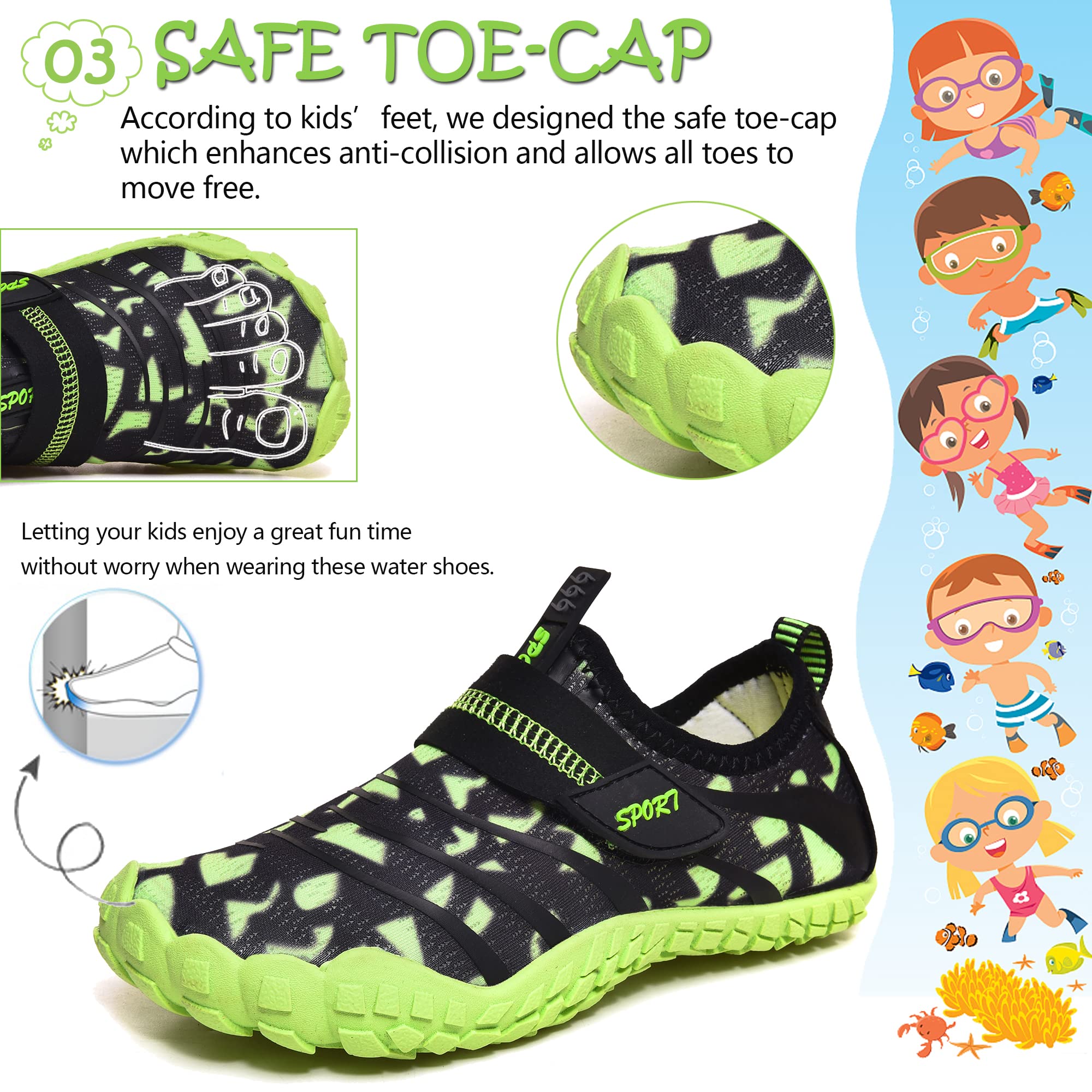 Wasserschuhe für Kinder, Jungen, Mädchen, Aqua, Pool, Schwimmen, Strand, Kinder, Barfuß, schnell trocknend, leicht, nass Surfen, Tauchen, schwarz/grün, 32 EU