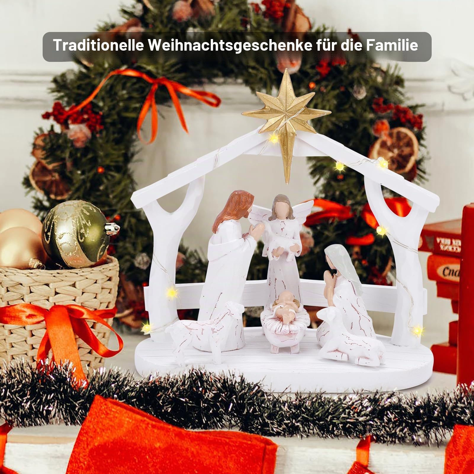 Weihnachtskrippen-Set für Weihnachten im Innenbereich mit LED-Lichtern, Krippe und Figuren - Weihnachtsdekoration