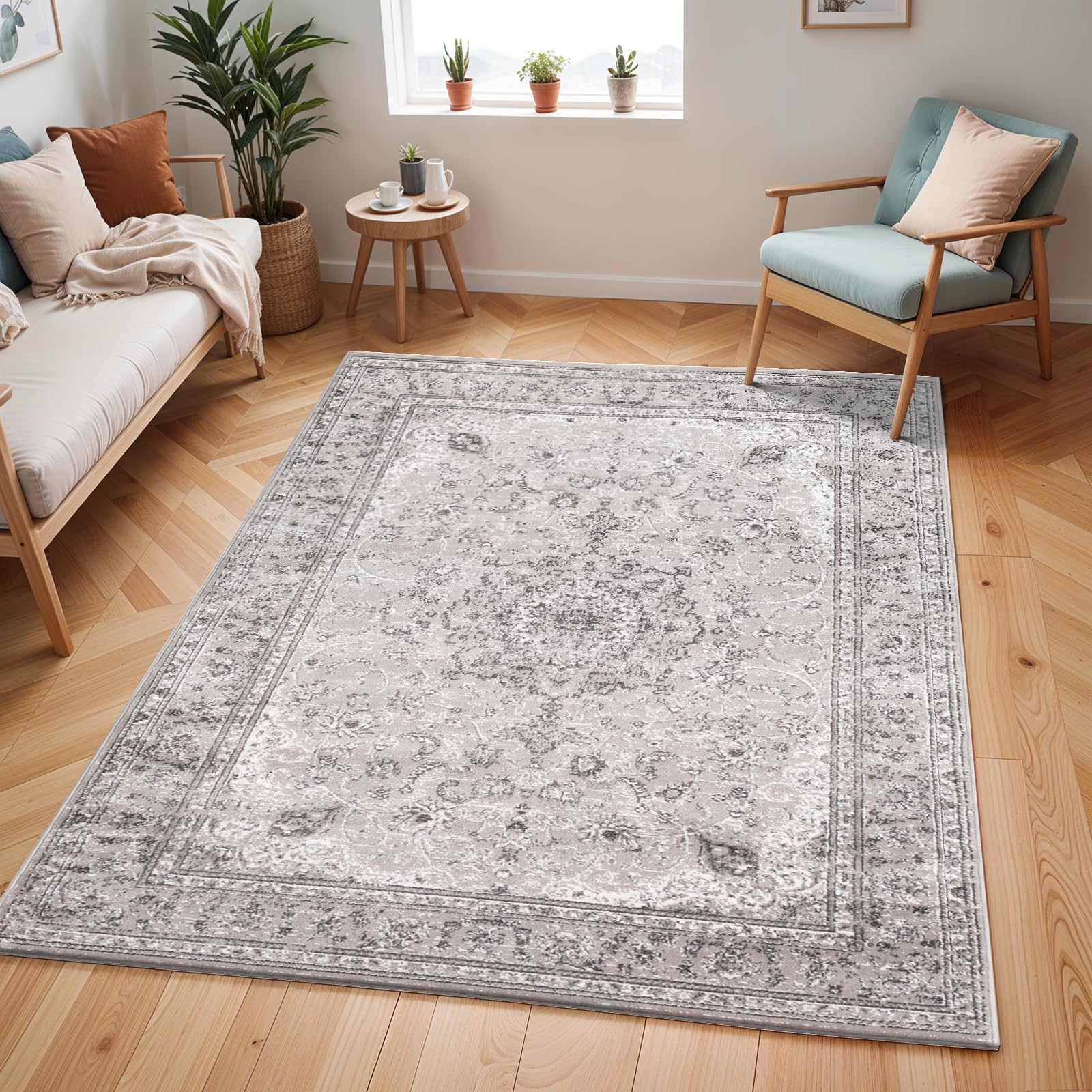 Livabliss Sanvi Hergla Vintage Style Floor Covering 200x275 cm – Scandi Neutral Traditional Pattern for Living Room, Hallway & Bedroom, Easy Care, Charcoal, Grey & White