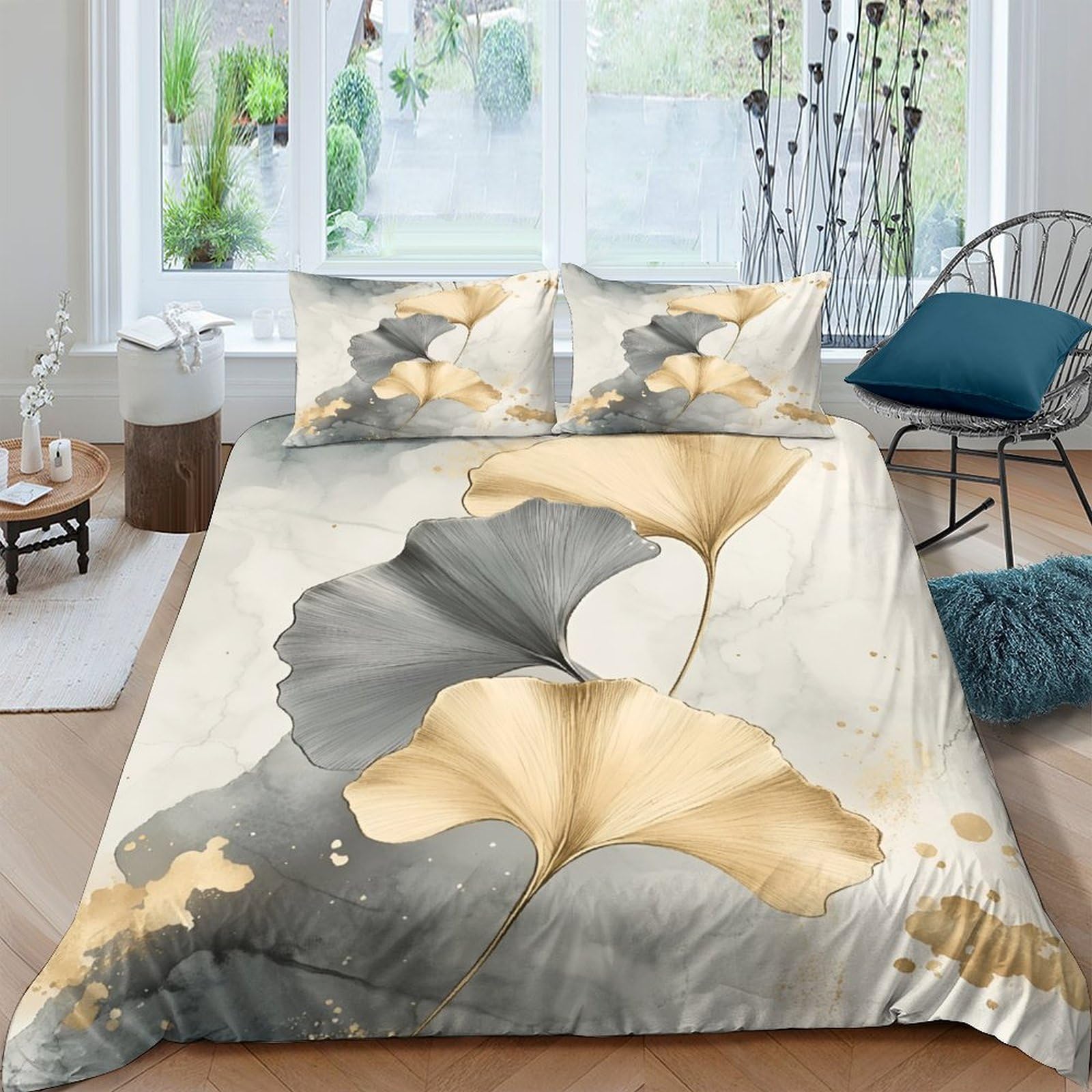 Ctjqhvkz Style-5 3D Printed Ginkgo Leaf Fitted Sheet Microfiber Soft Artistic Gold Grey Bed Cover For Bedroom Dorm Mattress Decor Single（135X200cm）