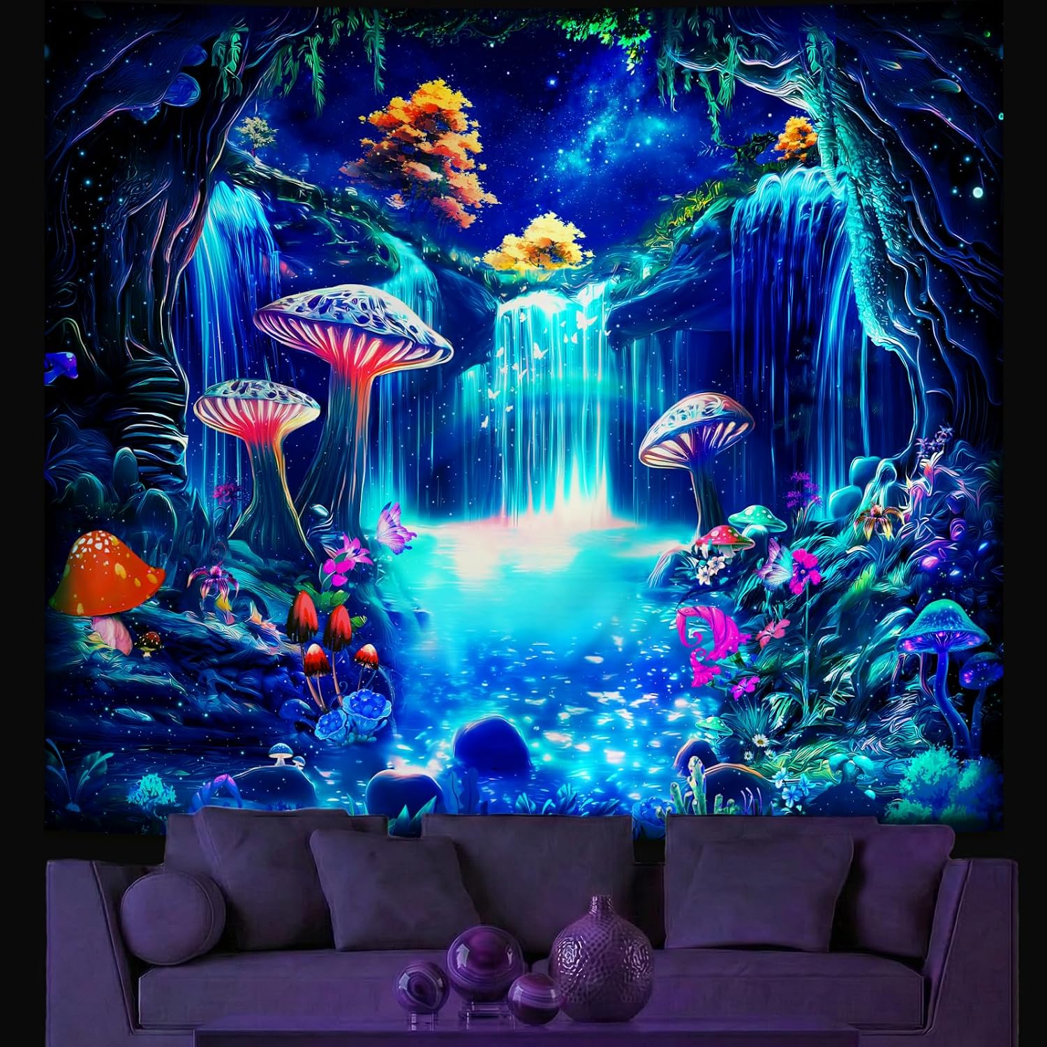 Alened Blacklight Fantasy UV Reactive Waterfall Mushroom Decor for Bedroom, Galaxy Neon Butterfly Tapestries, nature forest tapestry Wall (51'' x 60'')