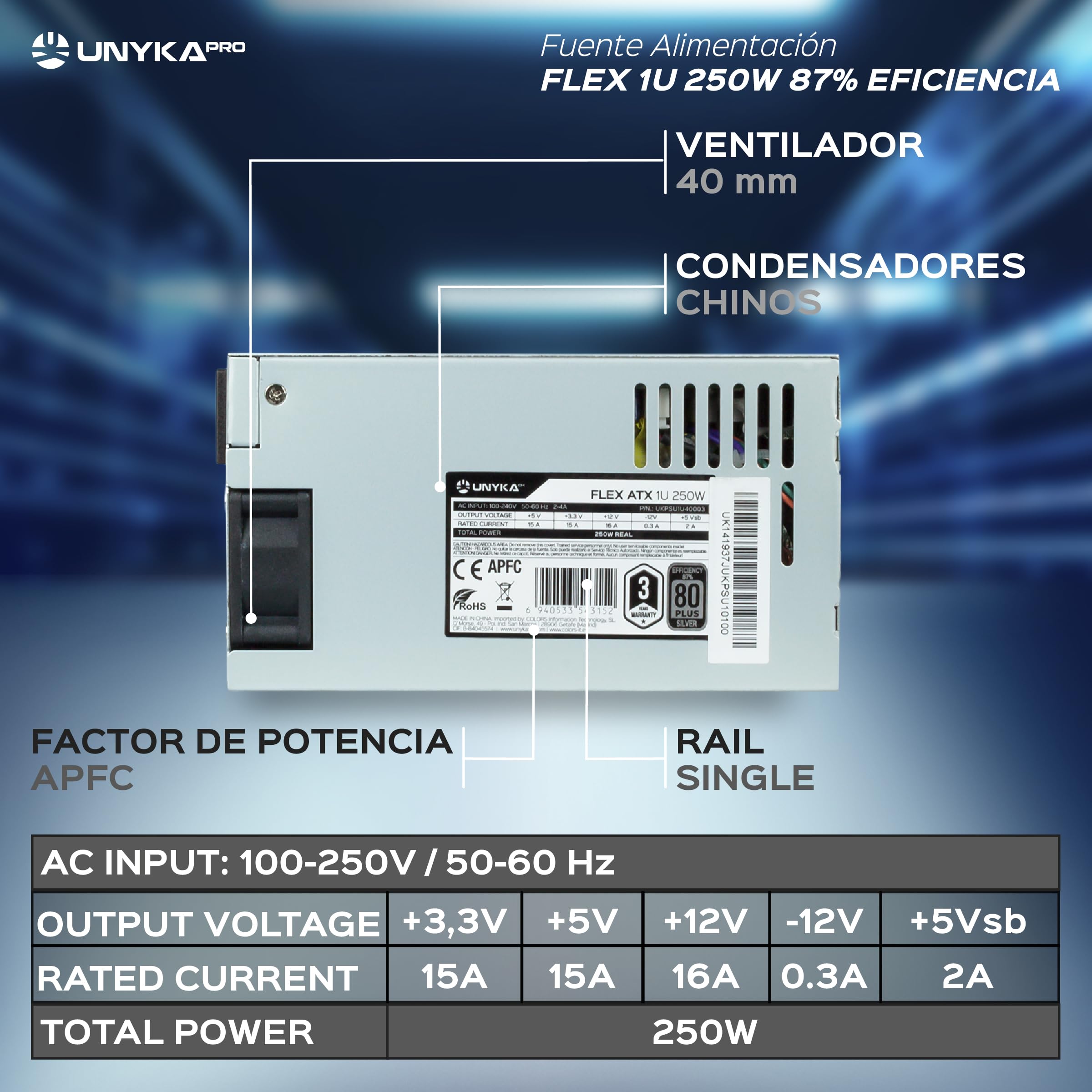 Fuente de Alimentación Flex ATX 1U 250W 87% Eficiencia, con Ventilador 40 mm y Sistema de Seguridad Frente a Sobretensión, Baja Tensión, Sobreintensidad y Cortocircuitos